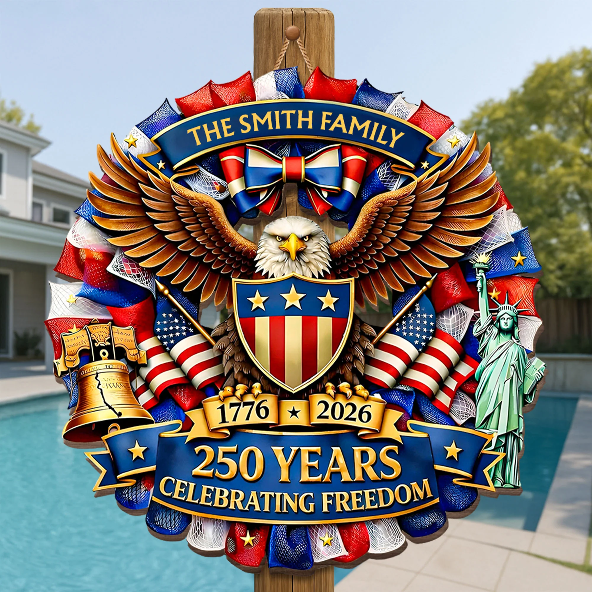 250 Years Celebrating Freedom Bald Eagle And American Flag Patriotic Shield - Personalized Custom Shaped Wood Sign - INDE089_WSIGN - Image 2