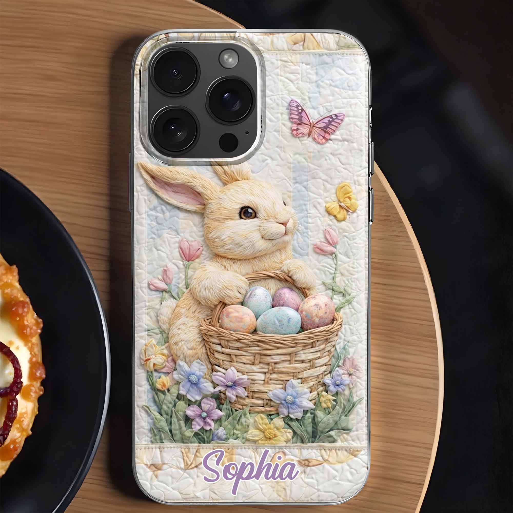A Cute Bunny With An Easter Basket Full Of Flowers And Colorful Eggs - Personalized Clear Phone Case - FAM803_PHC