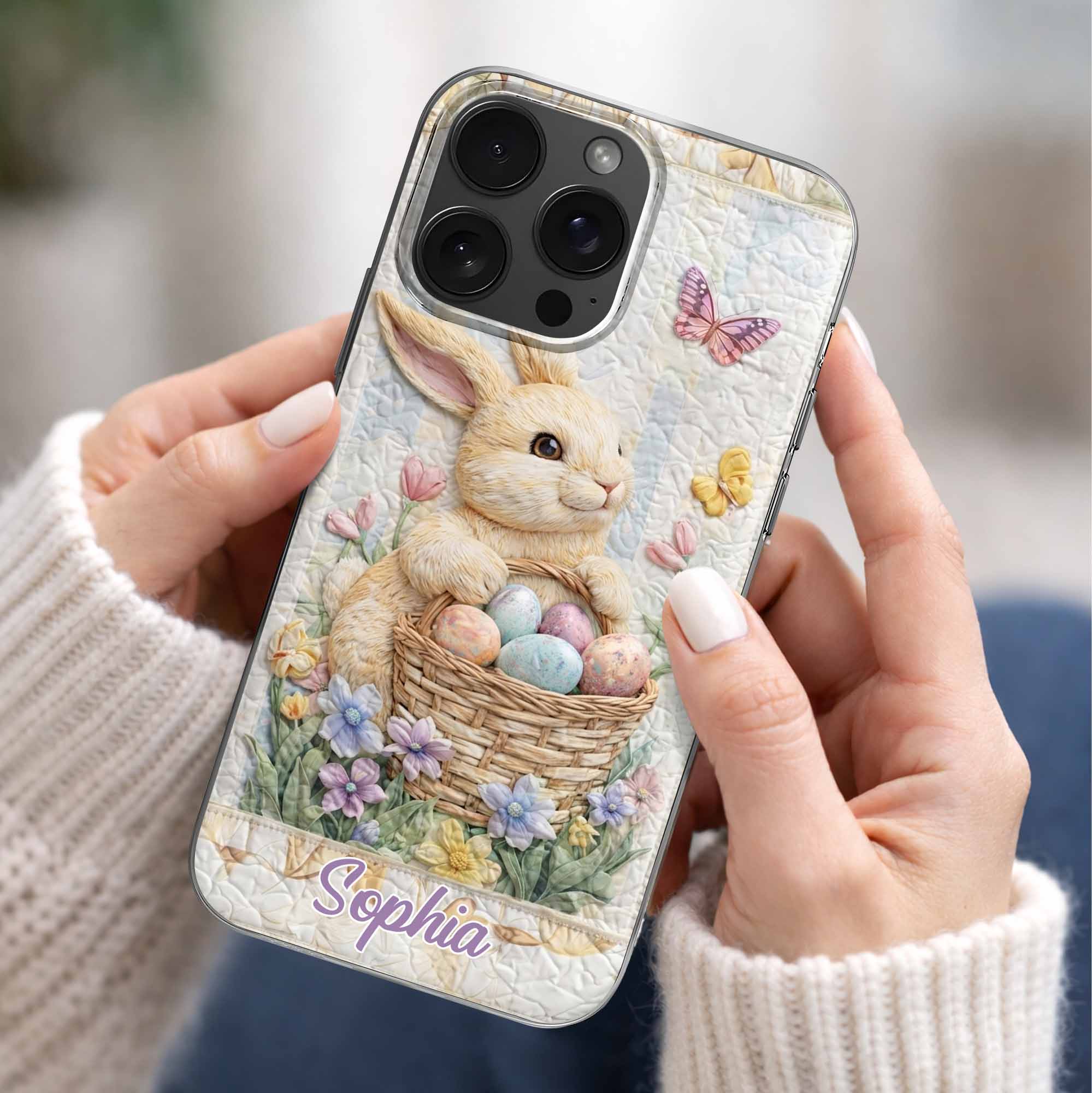 A Cute Bunny With An Easter Basket Full Of Flowers And Colorful Eggs - Personalized Clear Phone Case - FAM803_PHC - Image 2