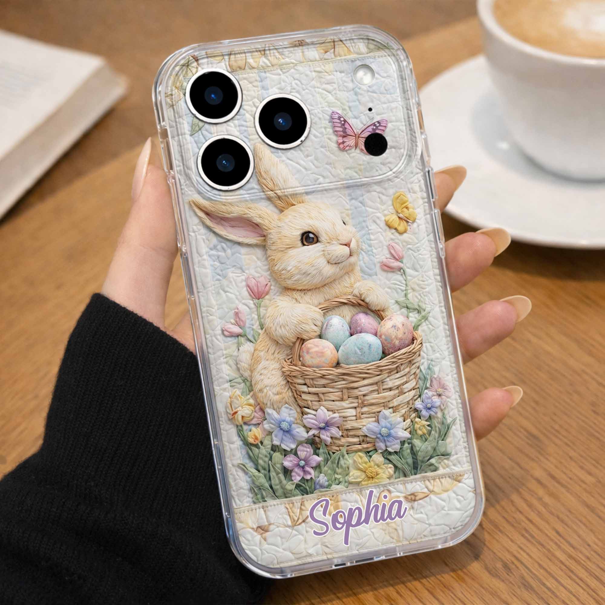A Cute Bunny With An Easter Basket Full Of Flowers And Colorful Eggs - Personalized Clear Phone Case - FAM803_PHC - Image 6