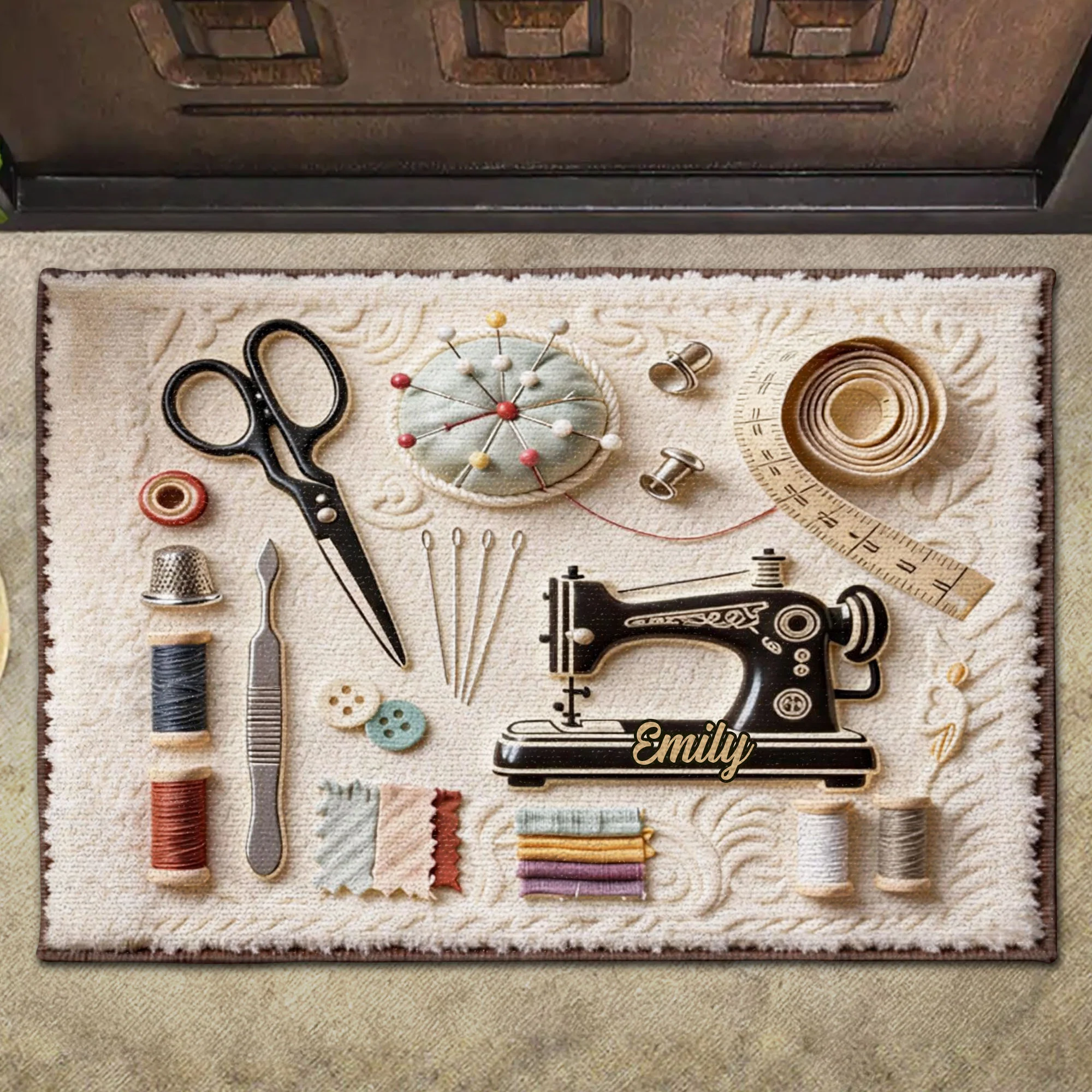 A Sewing Room Filled With Love Featuring Sewing Machine And Crafting Tools - Personalized Custom Doormat - HAND033_DRM - Image 6