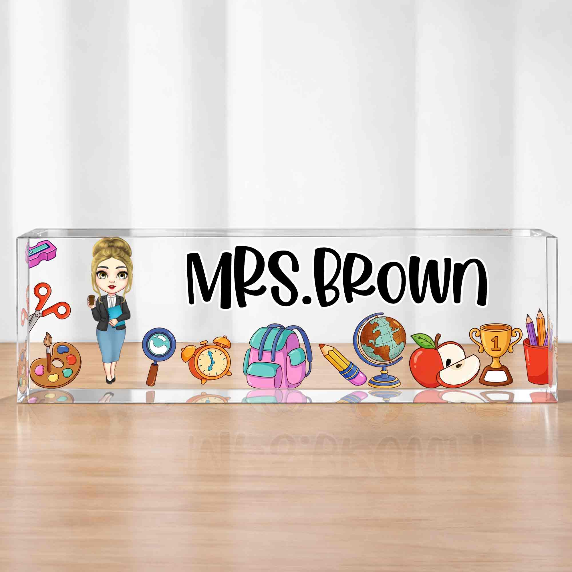 A Teacher Takes A Hand With Apple And Classroom Supplies - Personalized Acrylic Desk Name Plate - TEACH028_DEPLA