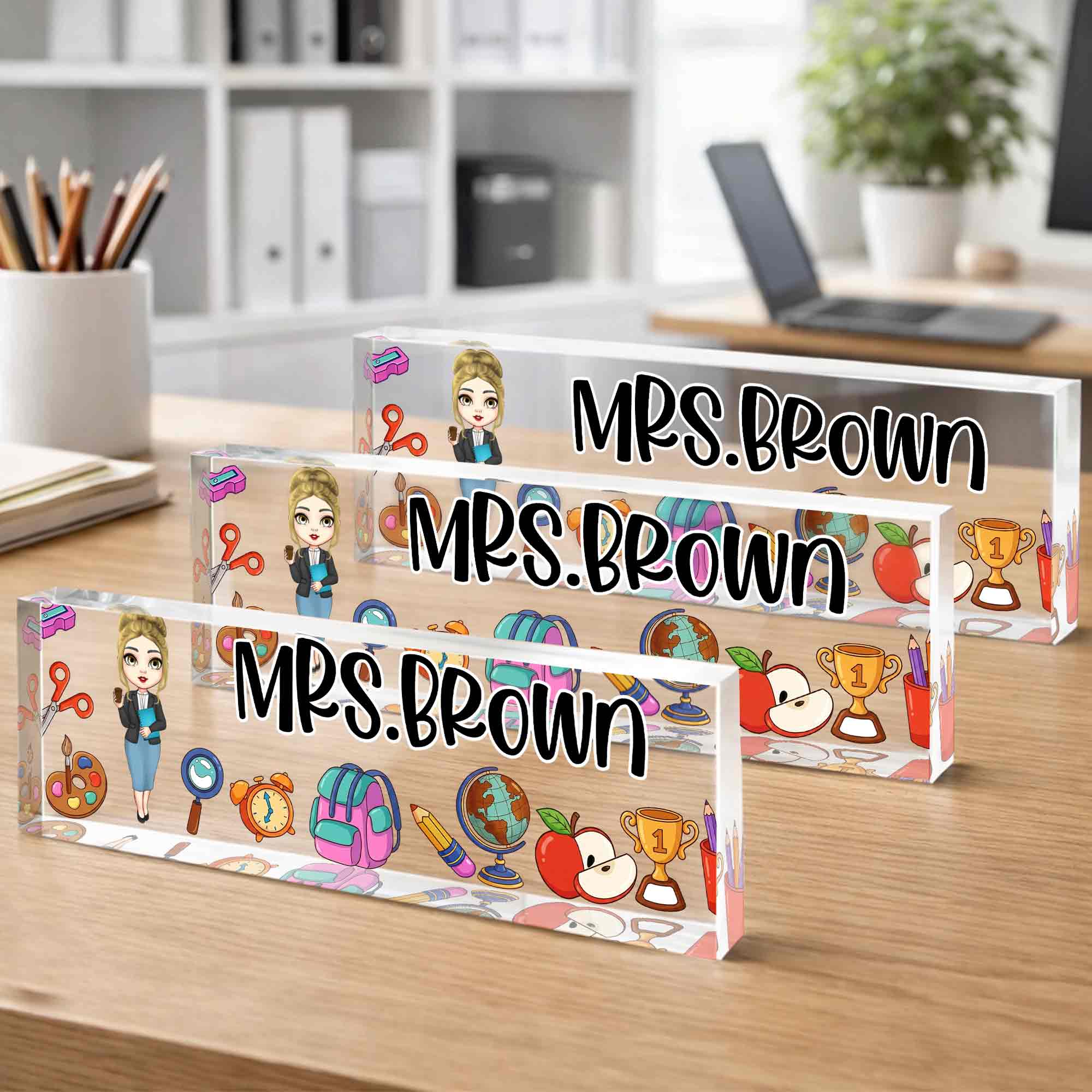 A Teacher Takes A Hand With Apple And Classroom Supplies - Personalized Acrylic Desk Name Plate - TEACH028_DEPLA - Image 4