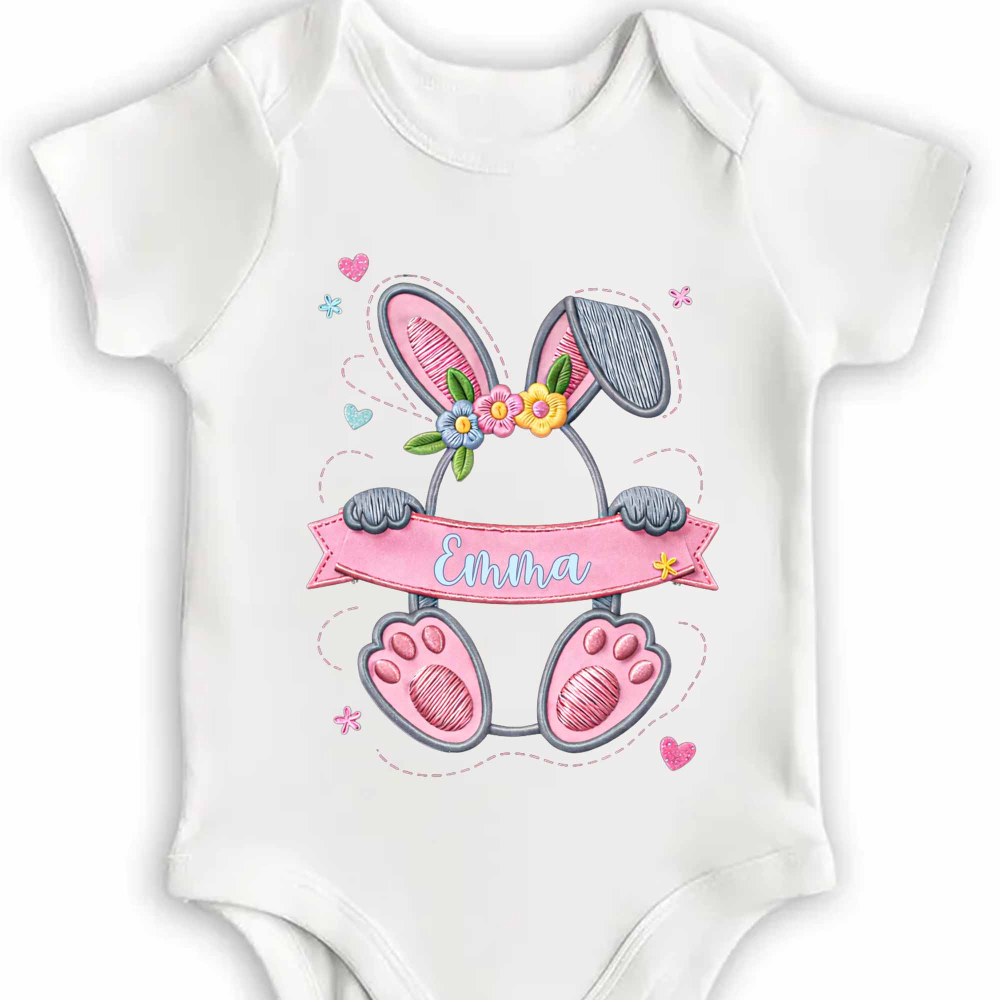 Adorable Bunny With Flower Crown Holding A Pink Banner With Hearts - Personalized Custom Baby Onesie - KID545_ONES - Image 4