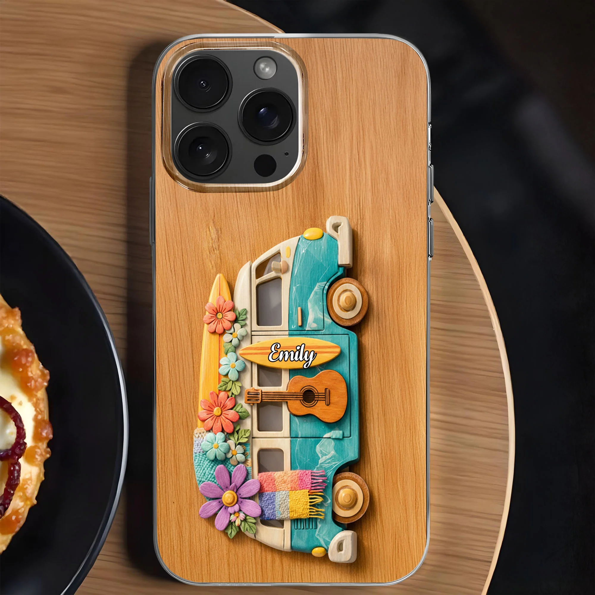 Adventure Awaits Retro Van With Flowers Surfboard And Guitar - Personalized Clear Phone Case - MUSIC029_PHC
