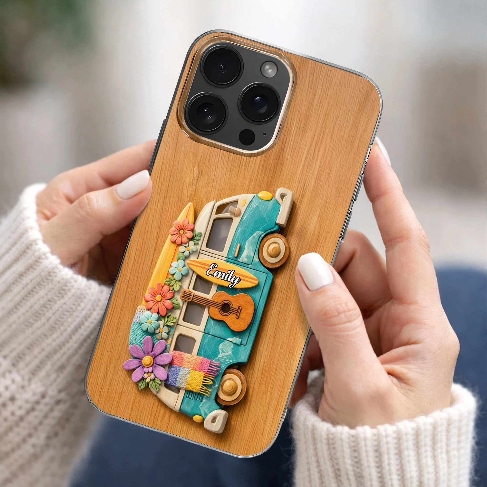 Adventure Awaits Retro Van With Flowers Surfboard And Guitar - Personalized Clear Phone Case - MUSIC029_PHC - Image 2
