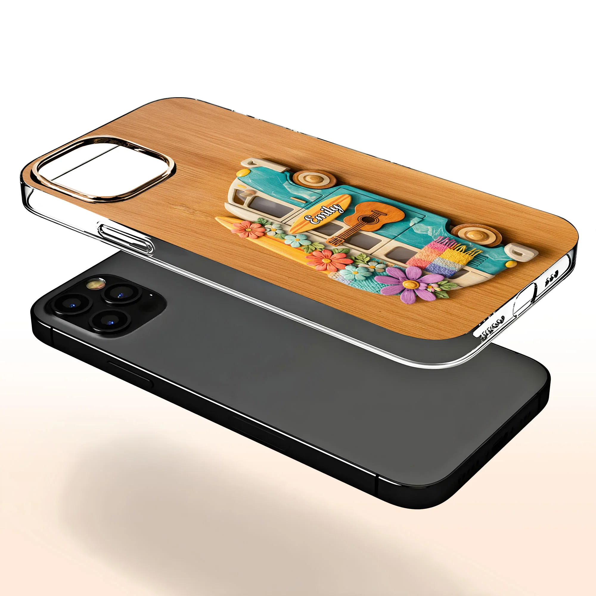 Adventure Awaits Retro Van With Flowers Surfboard And Guitar - Personalized Clear Phone Case - MUSIC029_PHC - Image 4