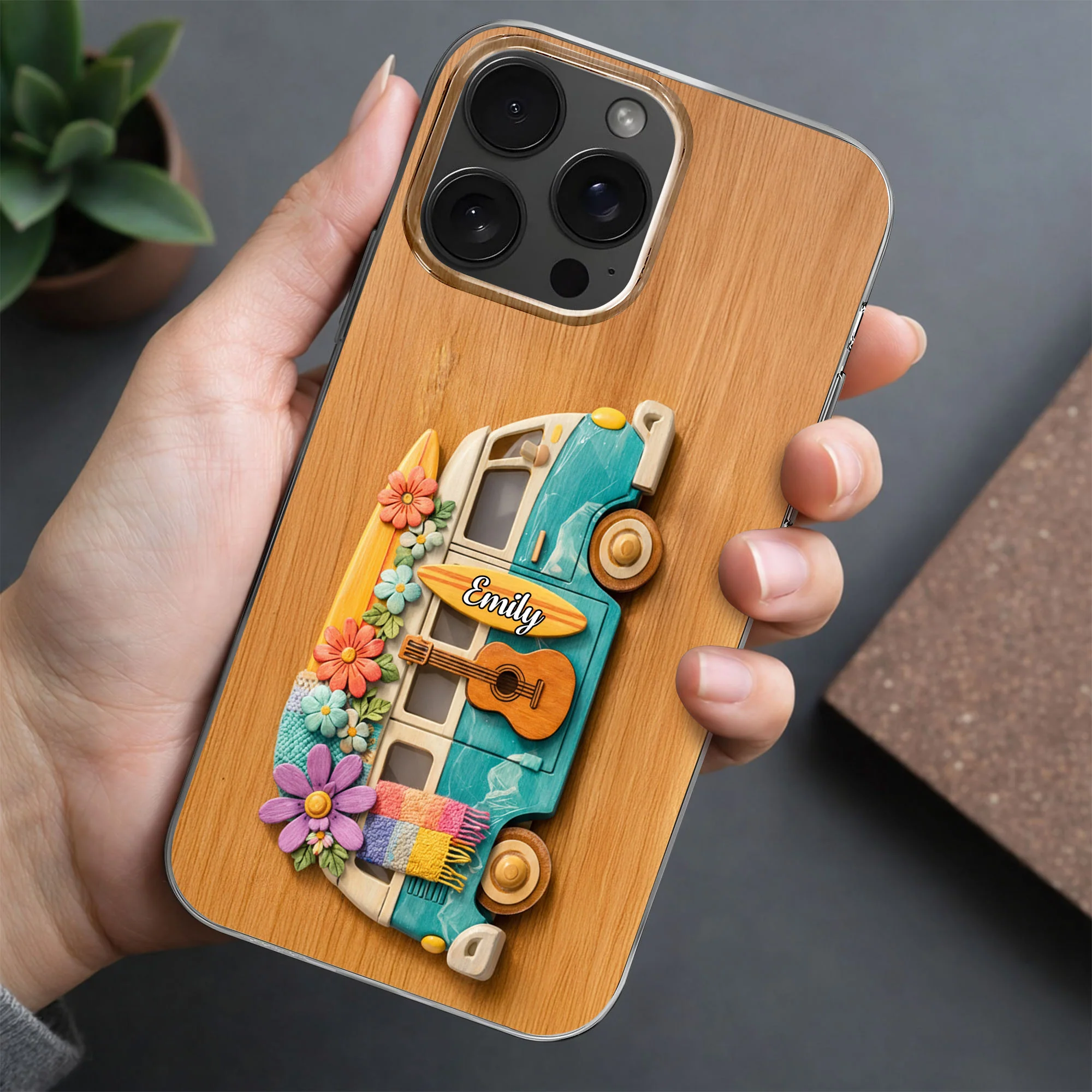 Adventure Awaits Retro Van With Flowers Surfboard And Guitar - Personalized Clear Phone Case - MUSIC029_PHC - Image 5
