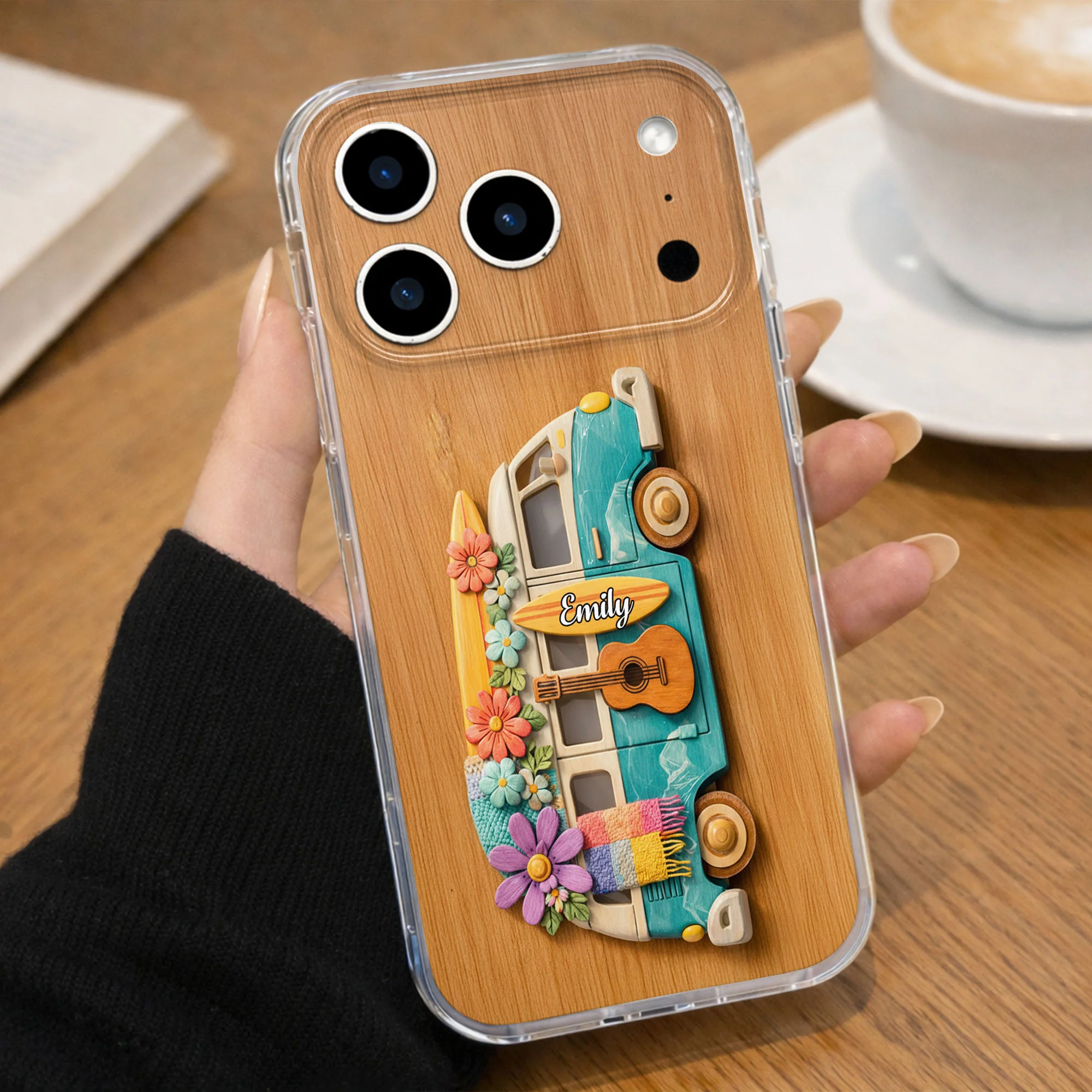 Adventure Awaits Retro Van With Flowers Surfboard And Guitar - Personalized Clear Phone Case - MUSIC029_PHC - Image 6