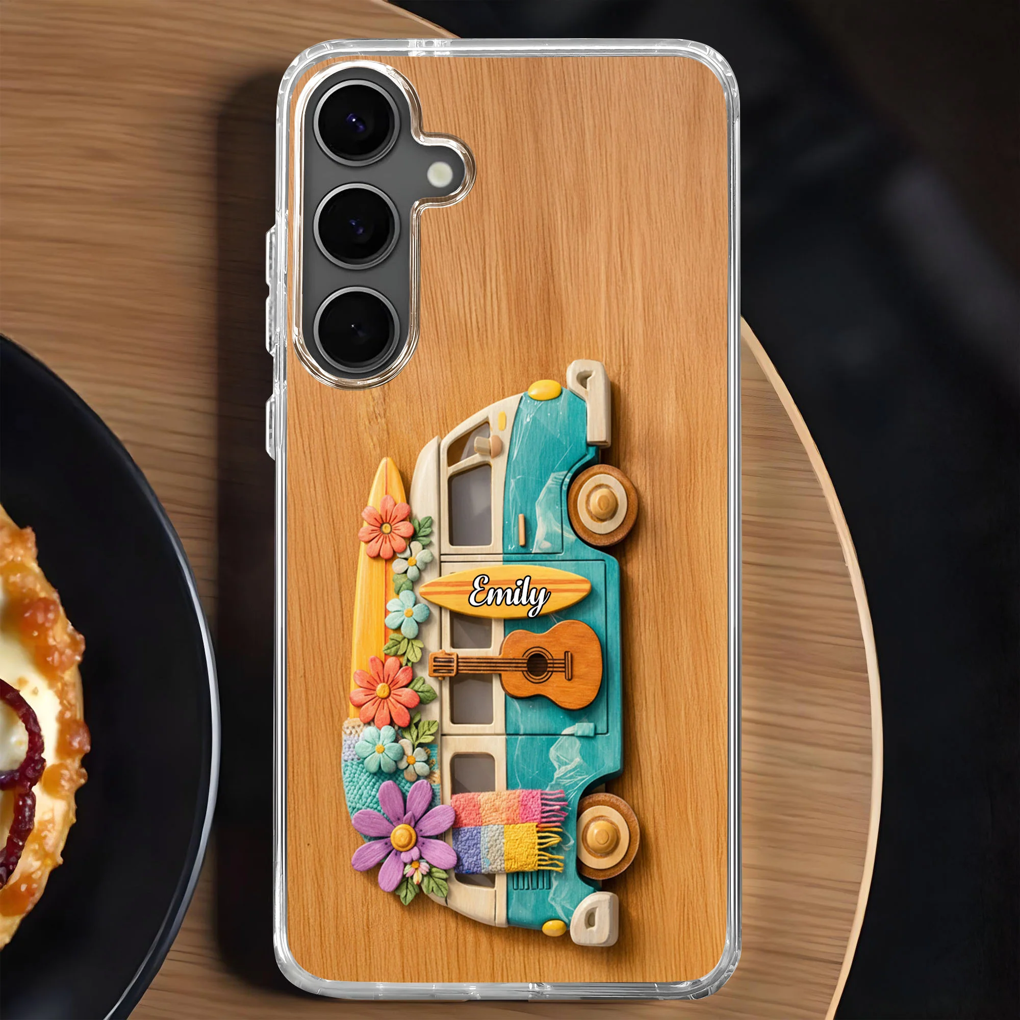 Adventure Awaits Retro Van With Flowers Surfboard And Guitar - Personalized Clear Phone Case - MUSIC029_PHC - Image 7