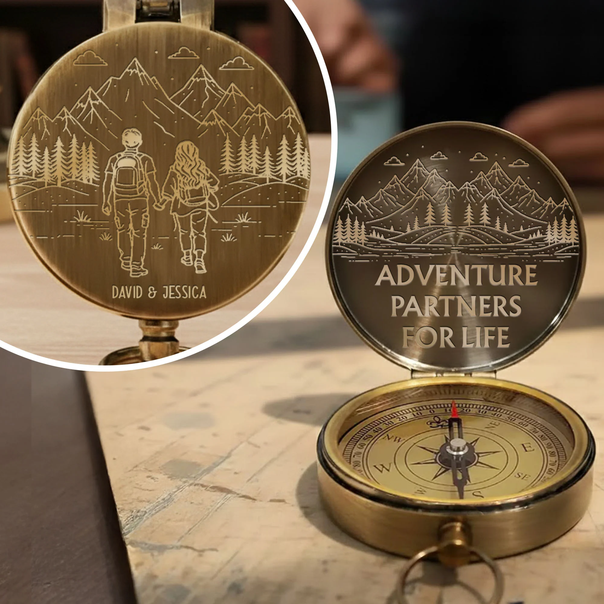 Adventure Partners For Life Mountains And Hiking Couple Engraved Brass Compass - Personalized Engraved Brass Compass - CPL839_ECPASS - Image 2