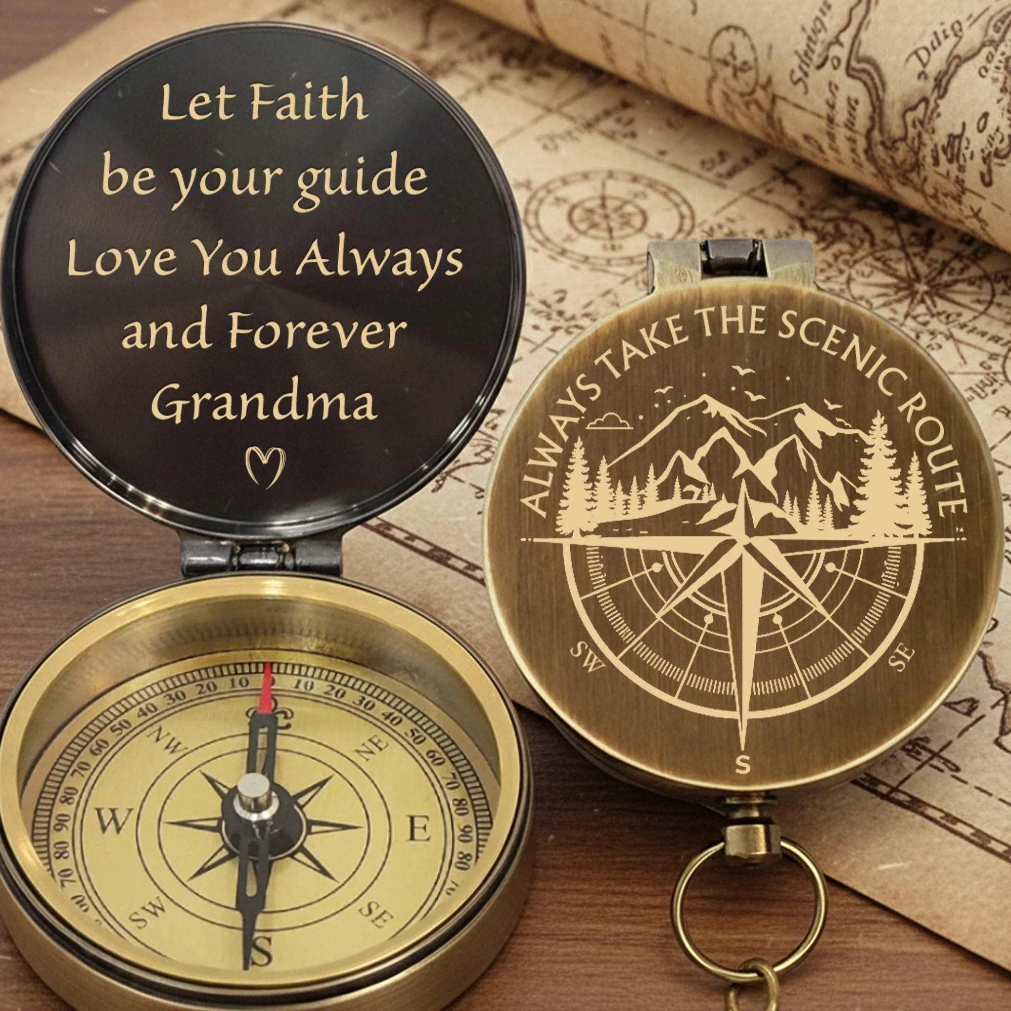 Always Take The Scenic Route Mountain And Tree Engraved Compass - Personalized Engraved Brass Compass - GSN067_ECPASS