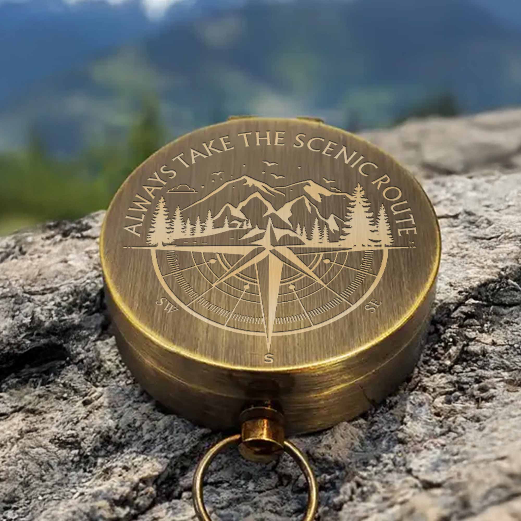 Always Take The Scenic Route Mountain And Tree Engraved Compass - Personalized Engraved Brass Compass - GSN067_ECPASS - Image 6