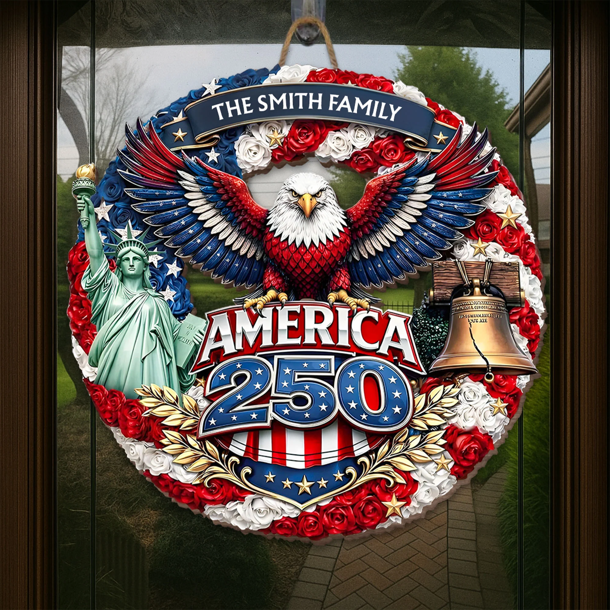 America 250 Eagle Statue Of Liberty And Liberty Bell Flower Wreath - Personalized Custom Shaped Wood Sign - INDE088_WSIGN - Image 5