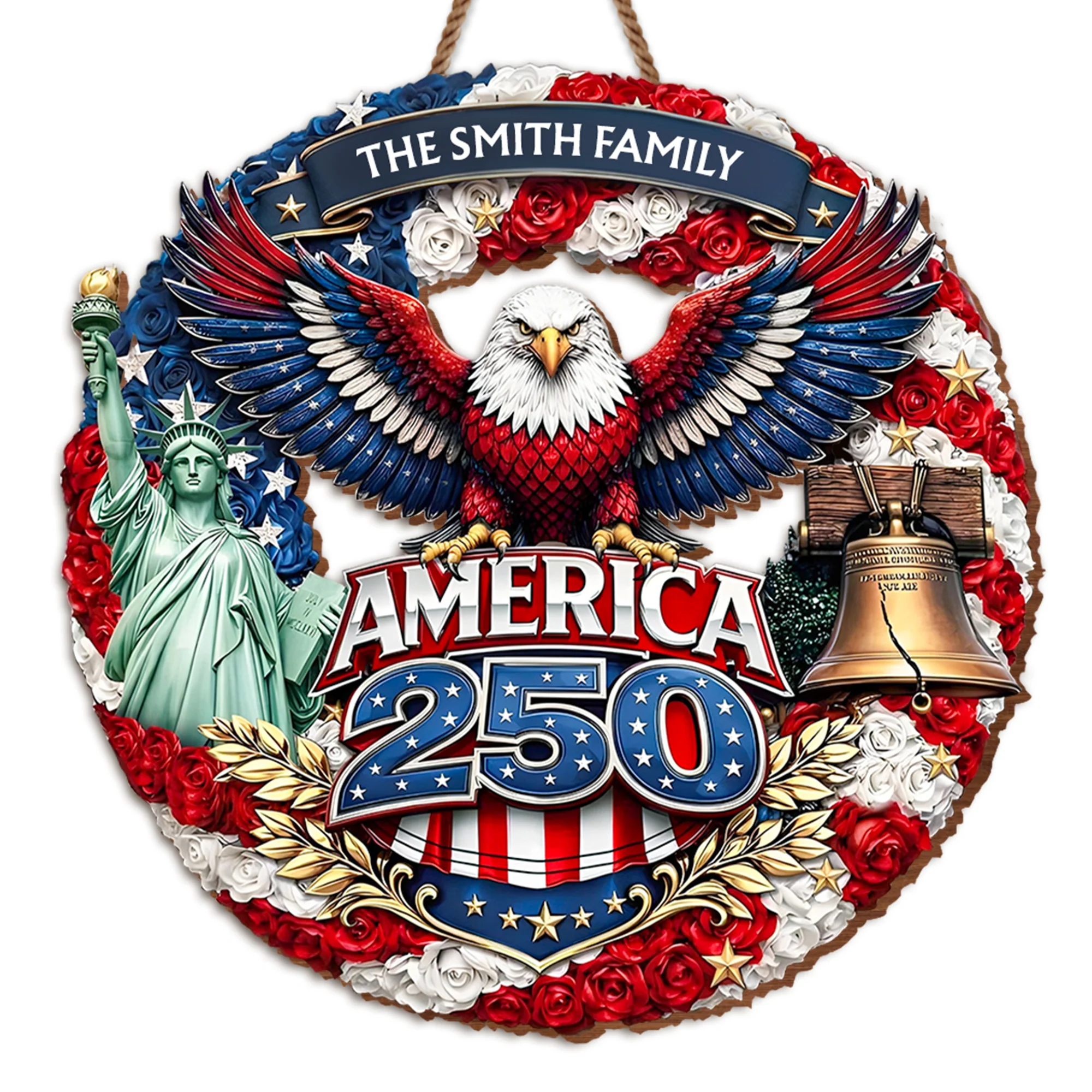 America 250 Eagle Statue Of Liberty And Liberty Bell Flower Wreath - Personalized Custom Shaped Wood Sign - INDE088_WSIGN - Image 7