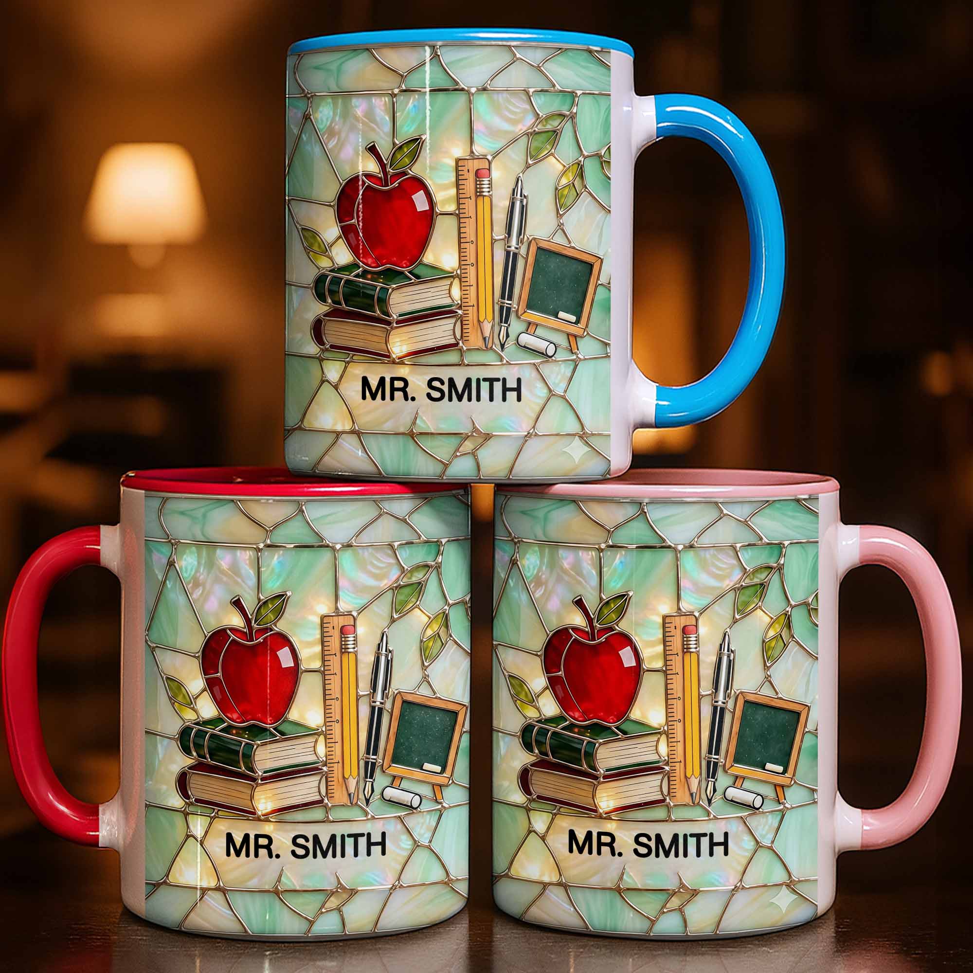 An Apple For The Teacher Stained Glass Design With Books And Ruler - Personalized Custom Accent Mug - TEACH071_AMUG - Image 7