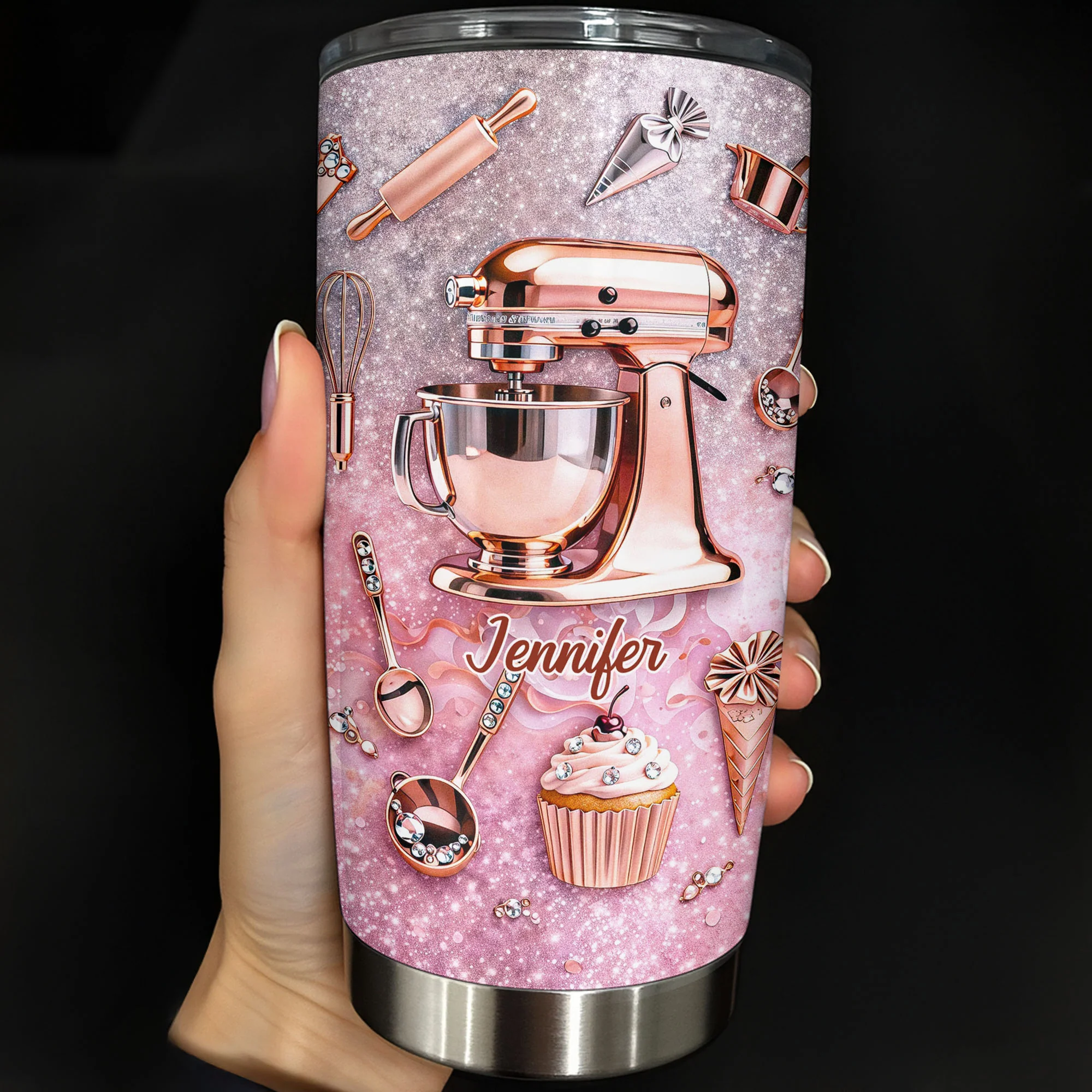 Baking Is My Therapy Kitchen Rose Gold Stand Mixer And Cupcake - Personalized Custom Stainless Steel Tumbler 20oz 30oz - BAKE006_TB - Image 2