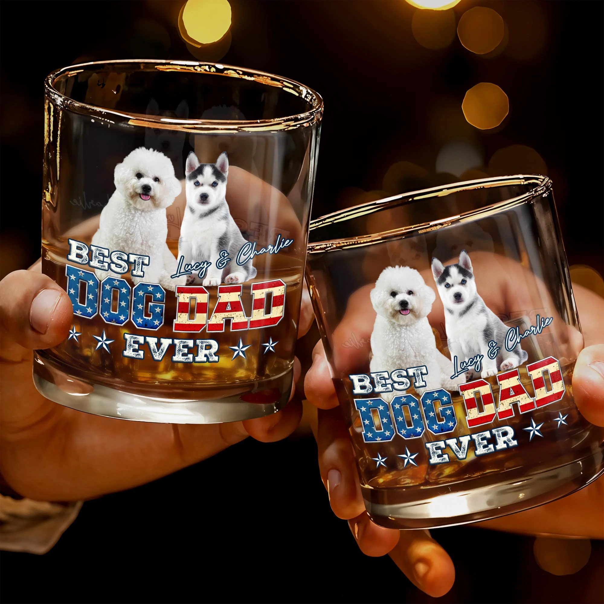 Best Dog Dad Ever With American Flag Dogs - Personalized Custom Whiskey Glass - DOG133_RWG - Image 3