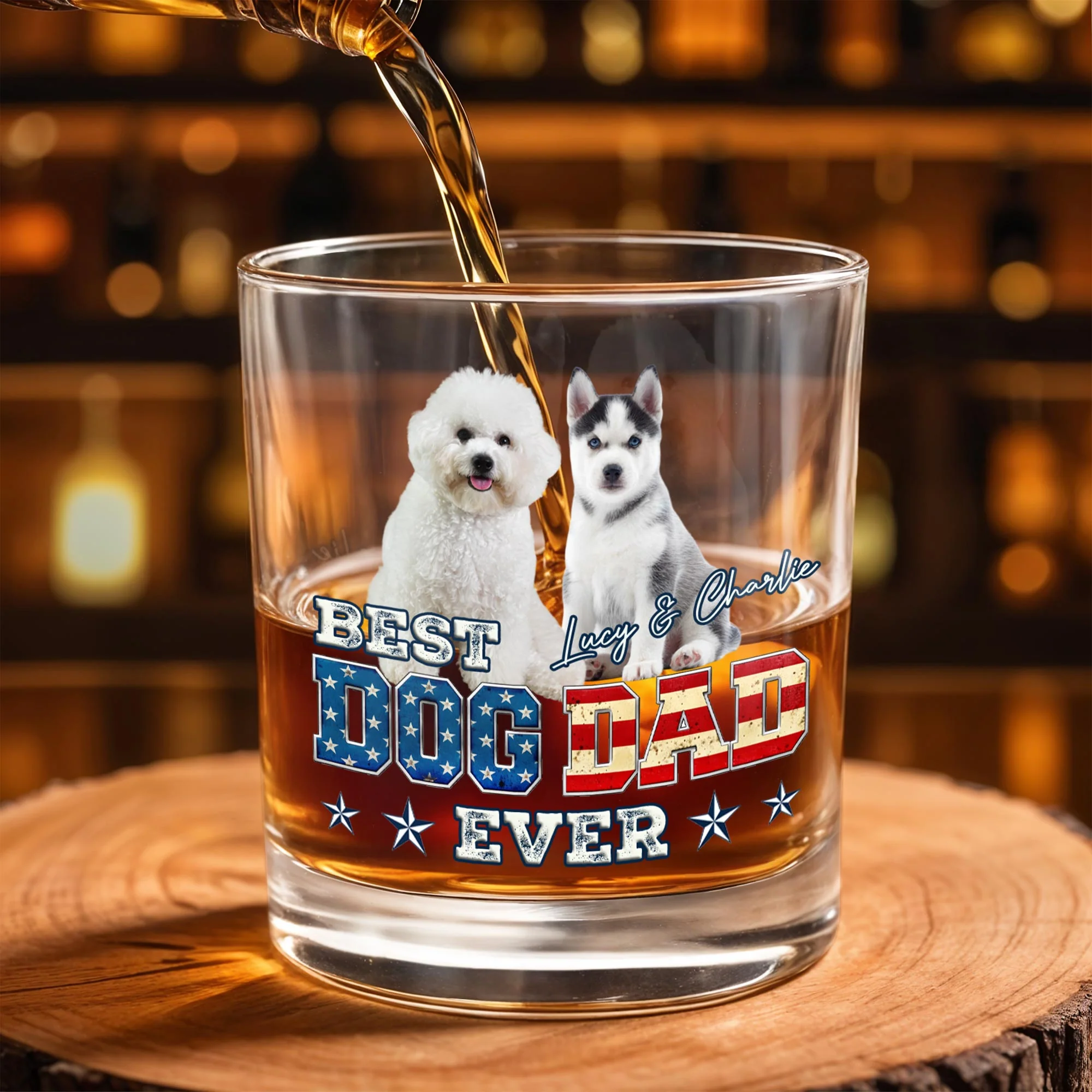 Best Dog Dad Ever With American Flag Dogs - Personalized Custom Whiskey Glass - DOG133_RWG - Image 4