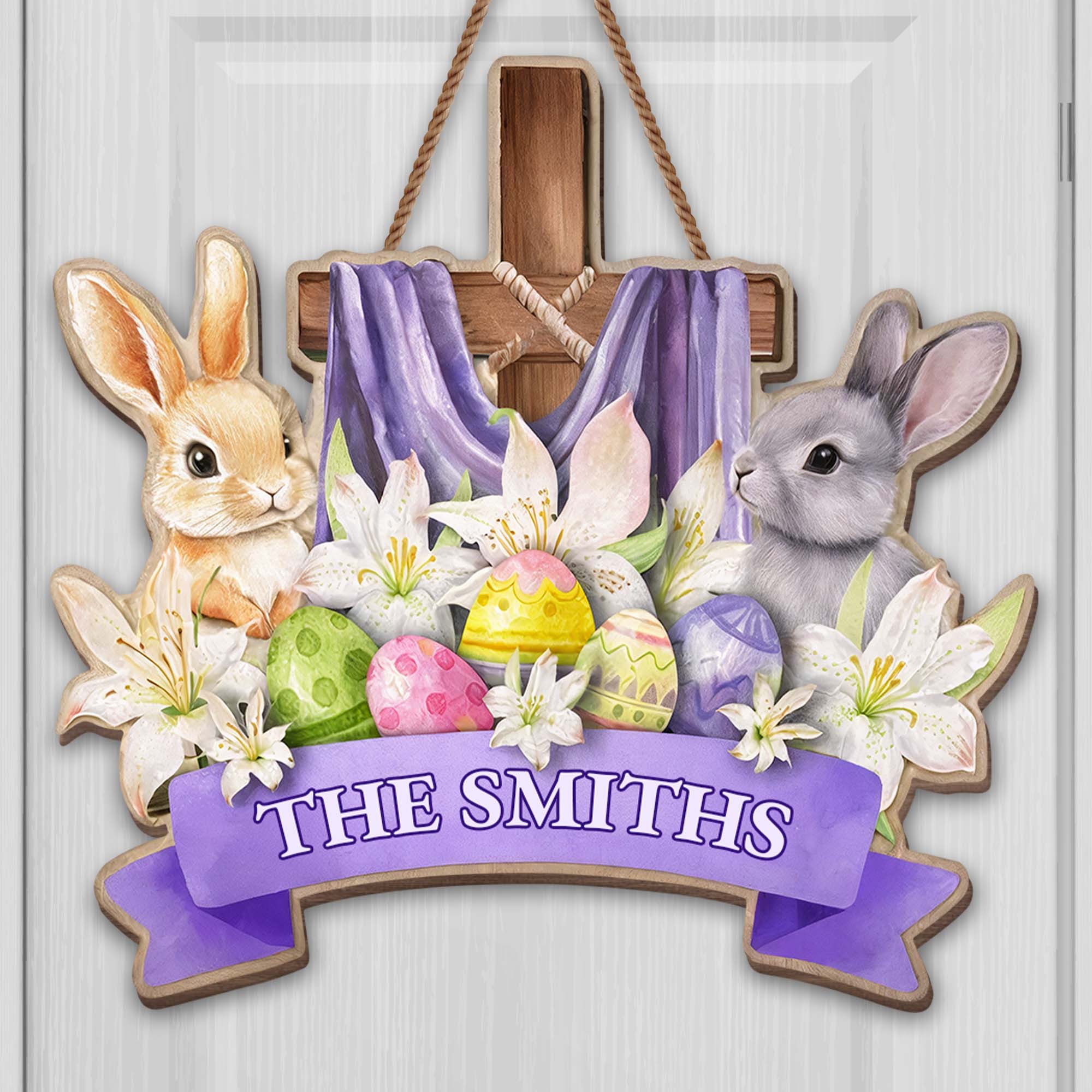Celebrate The Joy Of Easter With Cross Rabbits And Lilies - Personalized Custom Shaped Wood Sign - FAM752_WSIGN