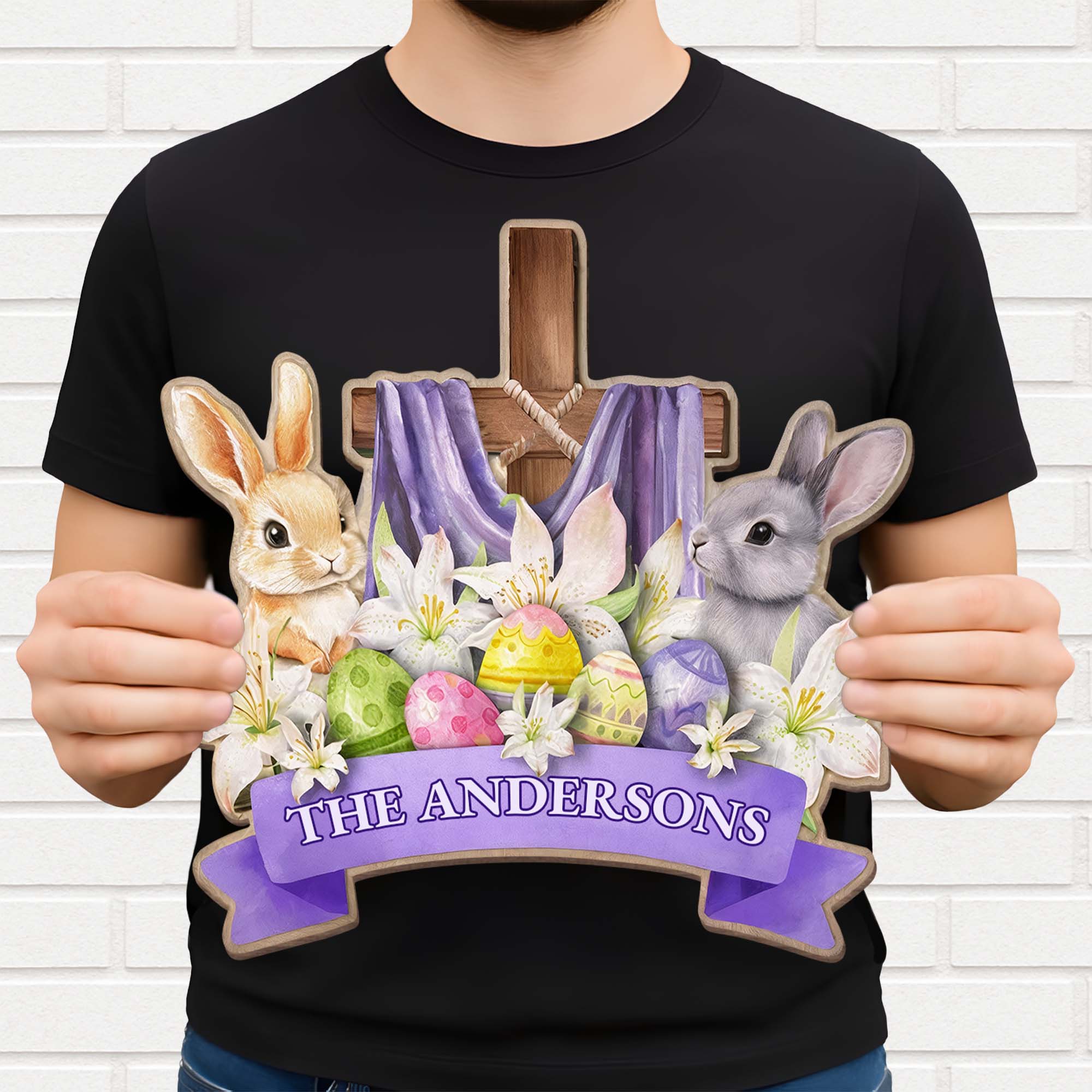 Celebrate The Joy Of Easter With Cross Rabbits And Lilies - Personalized Custom Shaped Wood Sign - FAM752_WSIGN - Image 3