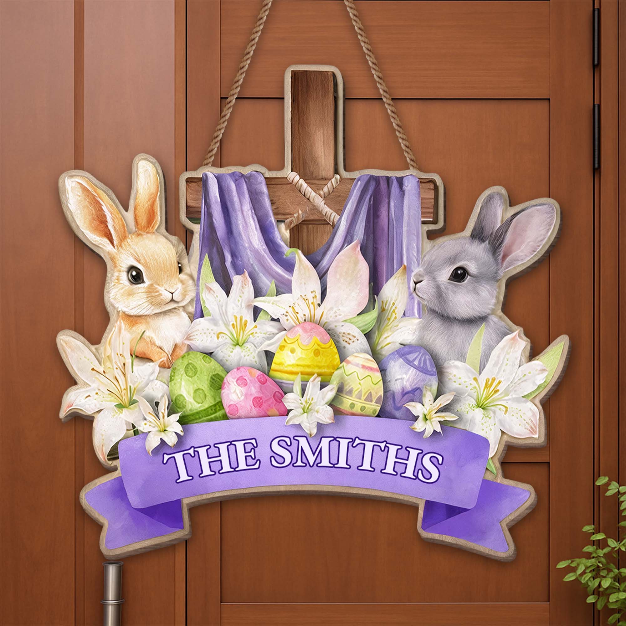 Celebrate The Joy Of Easter With Cross Rabbits And Lilies - Personalized Custom Shaped Wood Sign - FAM752_WSIGN - Image 4