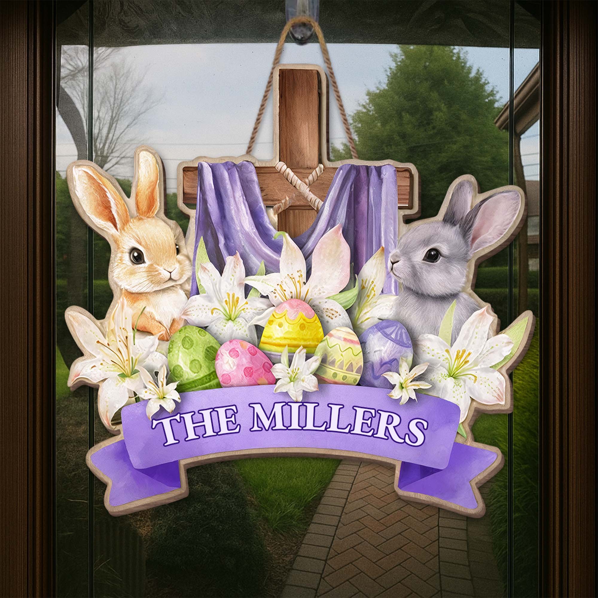 Celebrate The Joy Of Easter With Cross Rabbits And Lilies - Personalized Custom Shaped Wood Sign - FAM752_WSIGN - Image 5