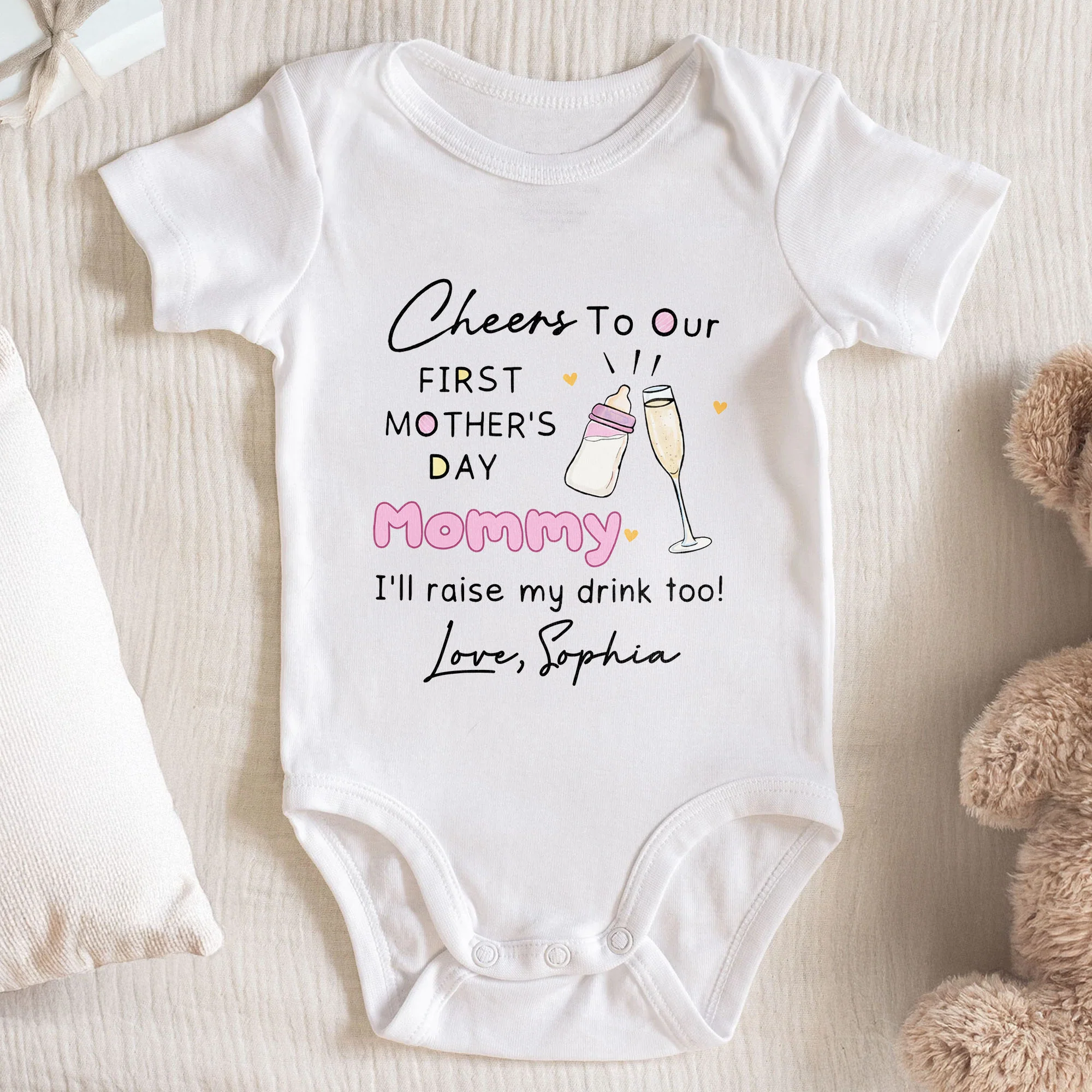 Cheers To Our First Mother's Day Mommy Bottle And Champagne Glass - Personalized Custom Baby Onesie - MOM183_ONES - Image 3