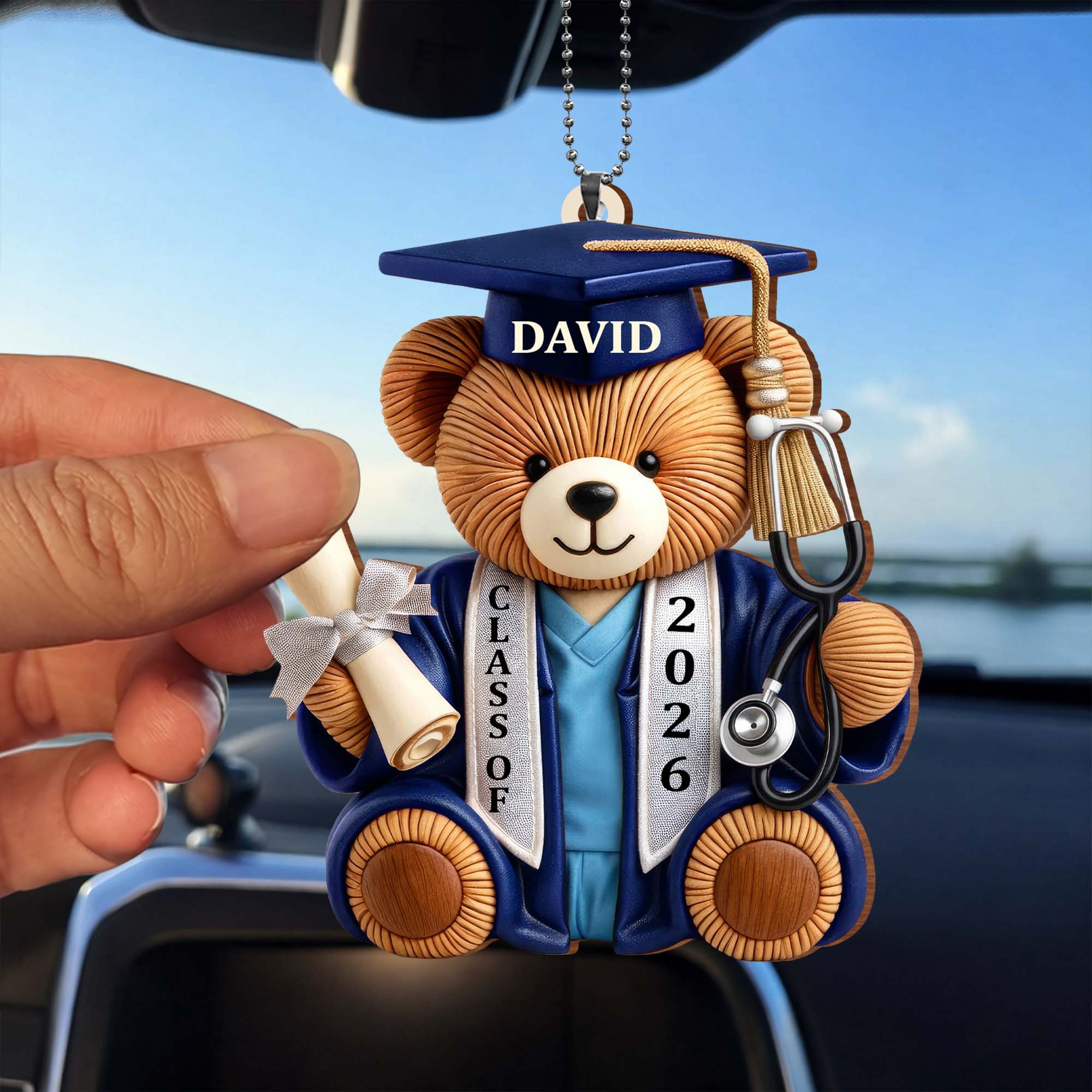 Class Of Graduation Bear With Stethoscope And Diploma Wood Ornament - Personalized Custom Wood Ornament, Car Hanging Ornament - GRAD371_WCA - Image 3