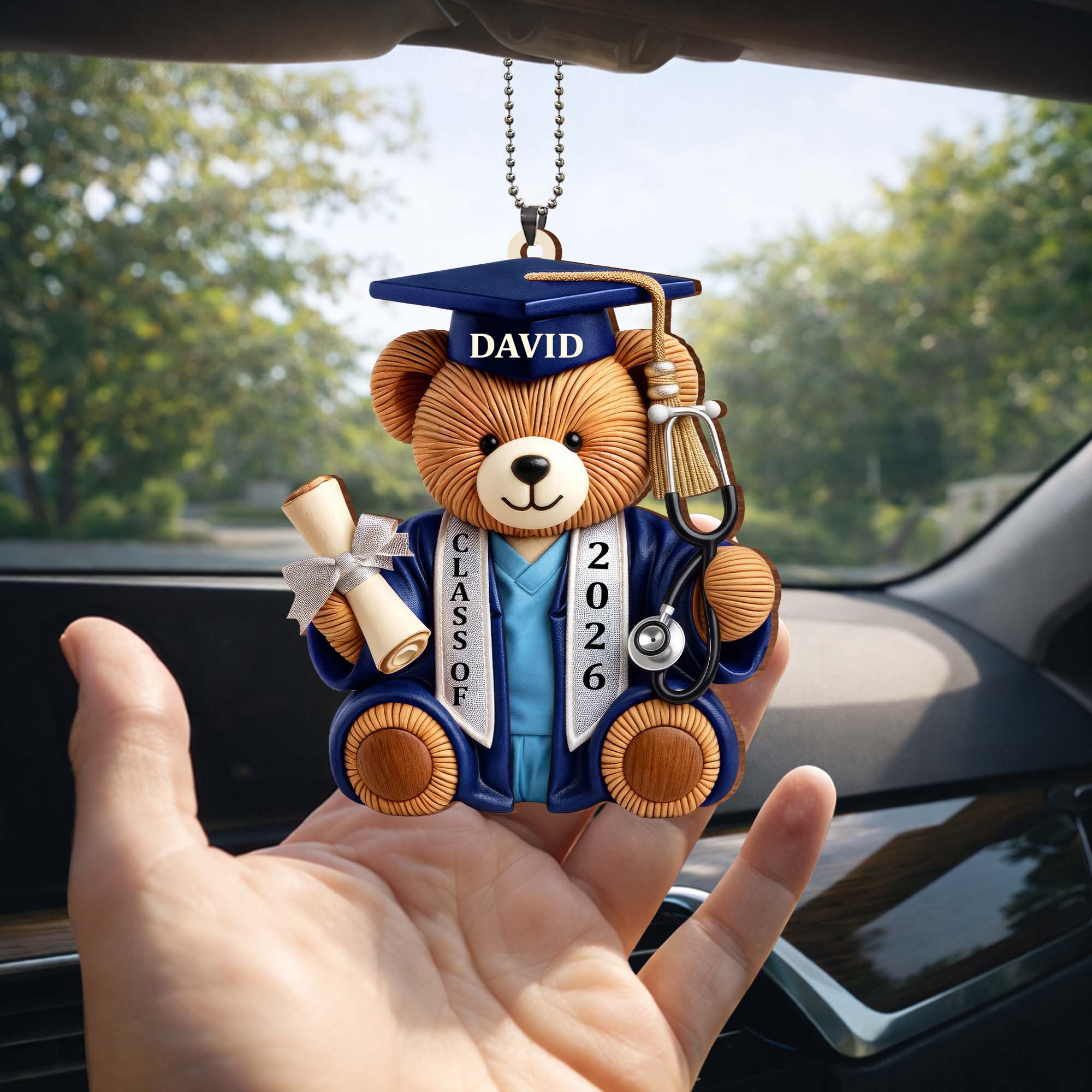 Class Of Graduation Bear With Stethoscope And Diploma Wood Ornament - Personalized Custom Wood Ornament, Car Hanging Ornament - GRAD371_WCA - Image 7