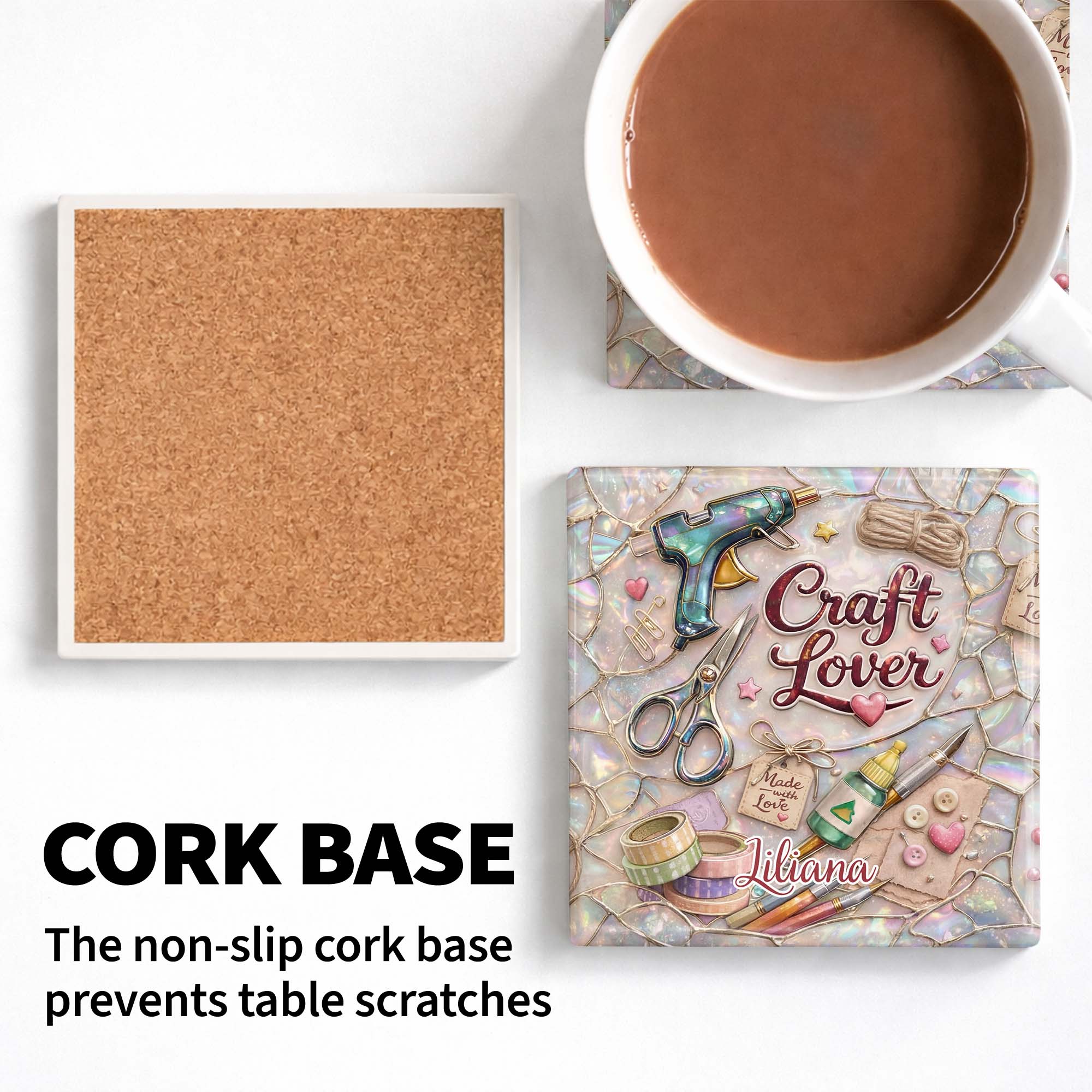 Craft Lover Made With Love Featuring Glue Gun And Scissors - Personalized Custom Ceramic Coaster, Square Shape - HAND038_SOCO - Image 12