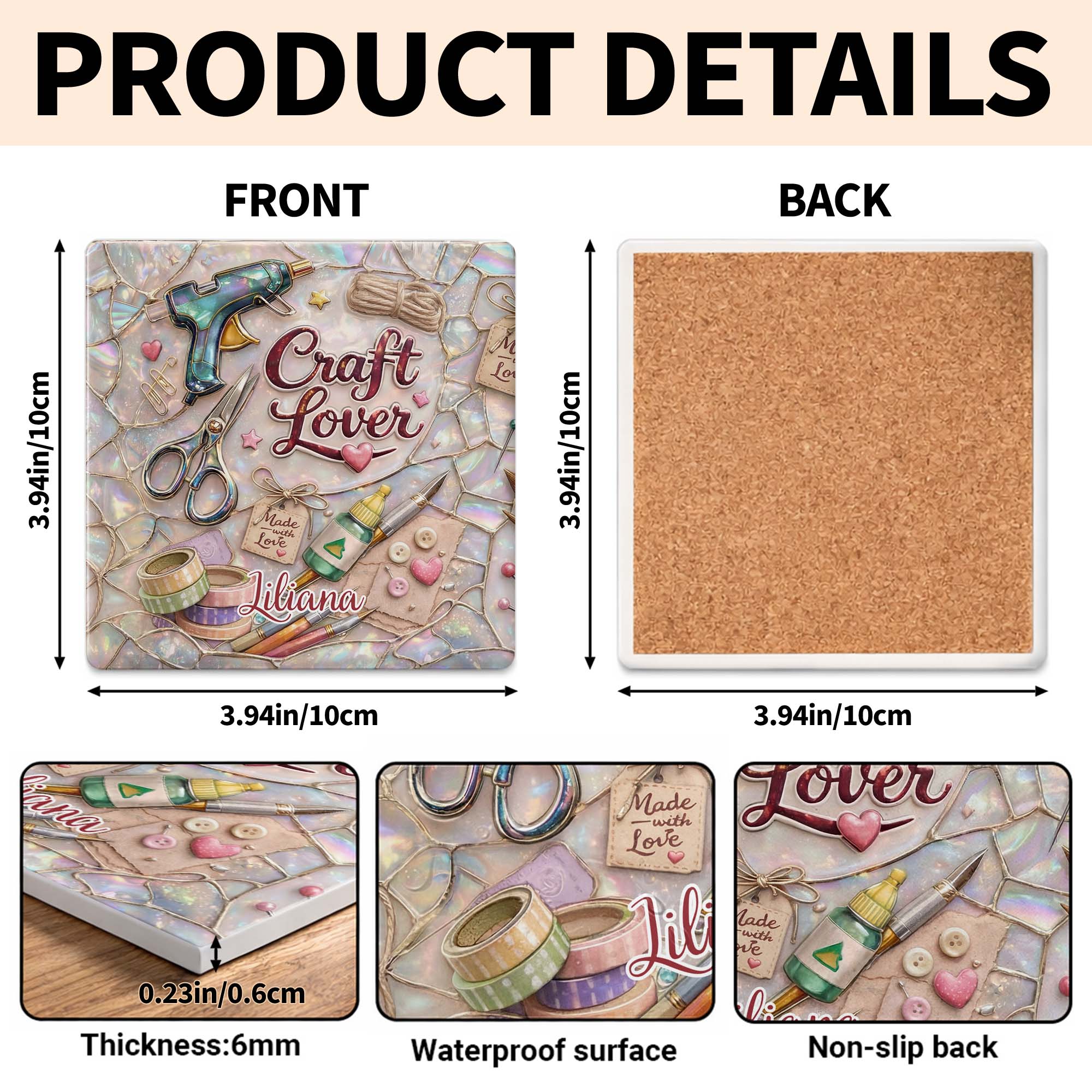 Craft Lover Made With Love Featuring Glue Gun And Scissors - Personalized Custom Ceramic Coaster, Square Shape - HAND038_SOCO - Image 3