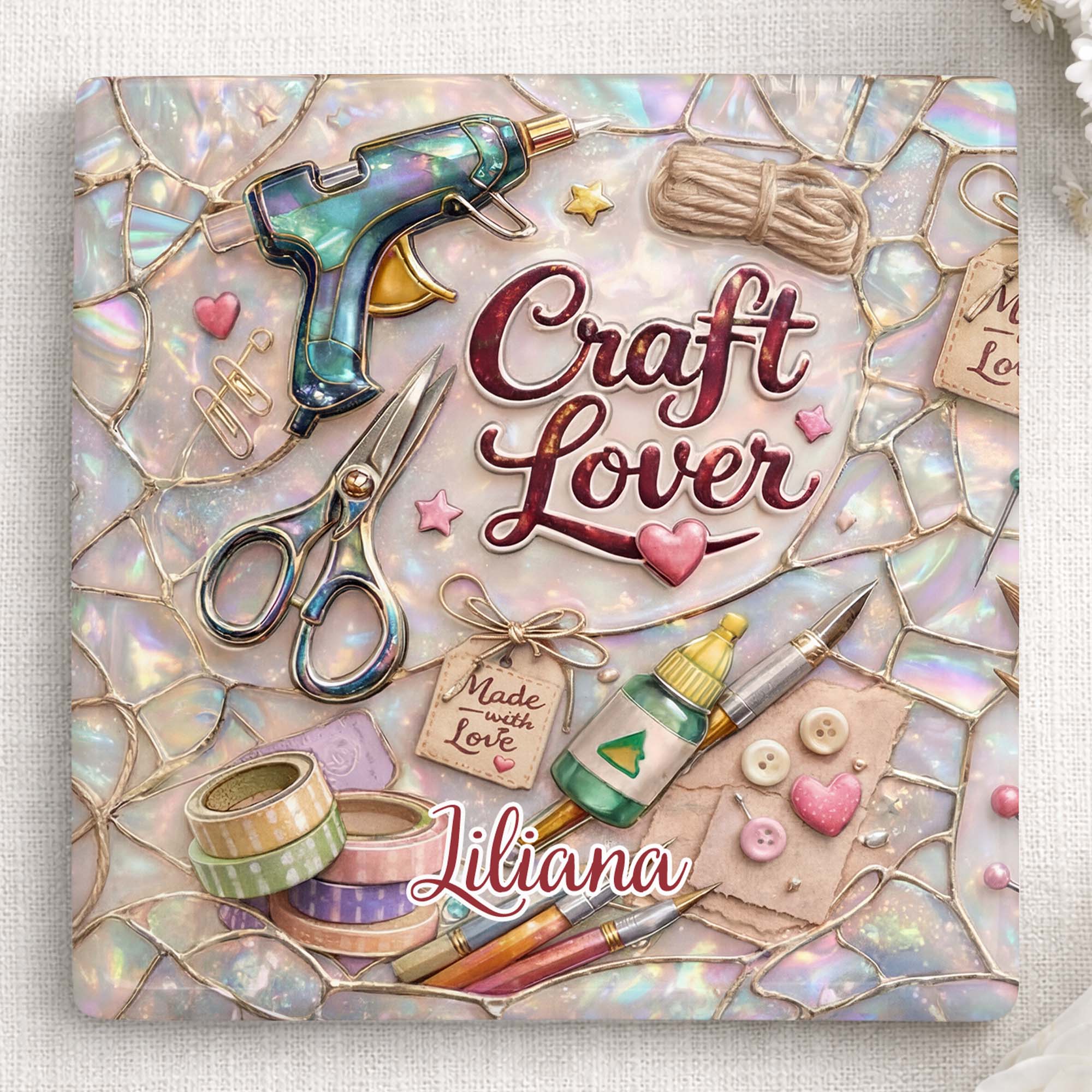 Craft Lover Made With Love Featuring Glue Gun And Scissors - Personalized Custom Ceramic Coaster, Square Shape - HAND038_SOCO - Image 5
