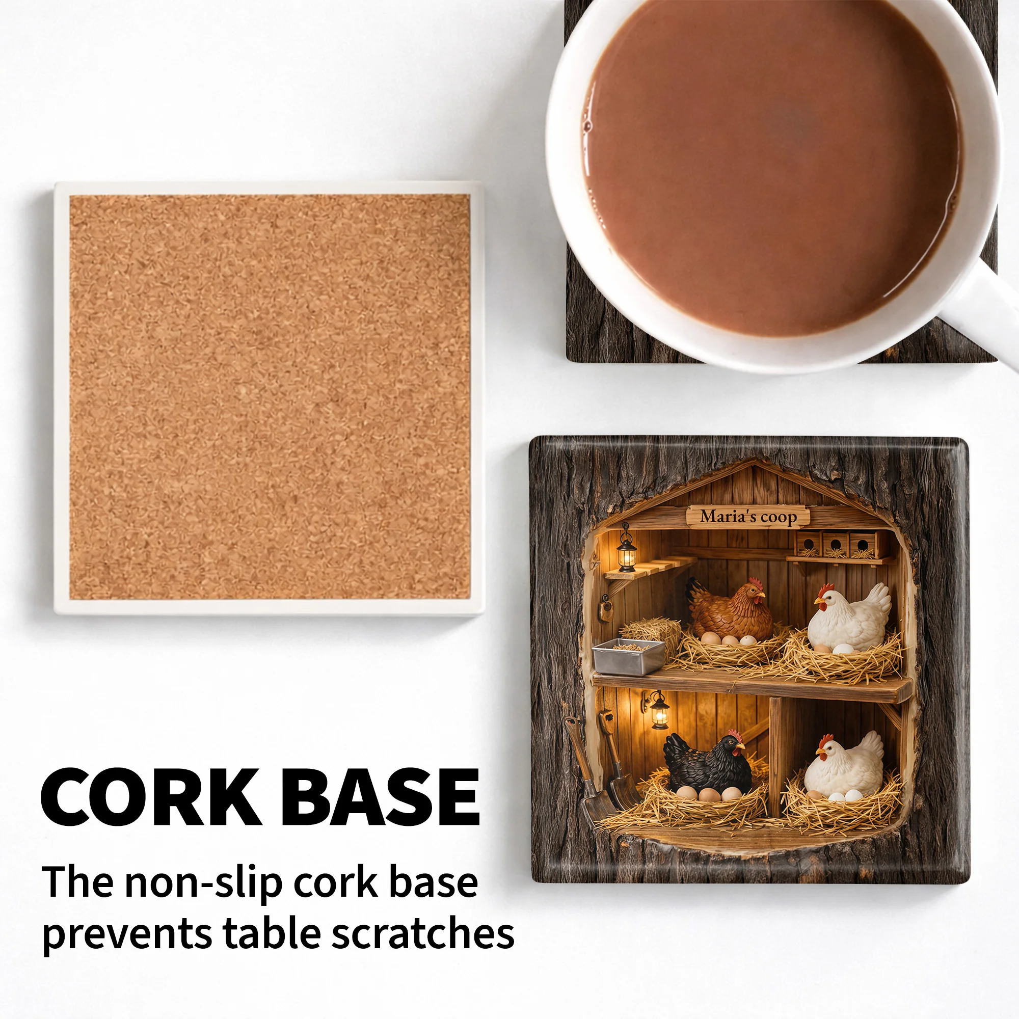 Custom Coop With Chickens And Eggs In Wood Bark Design - Personalized Custom Ceramic Coaster, Square Shape - FARM026_SOCO - Image 5