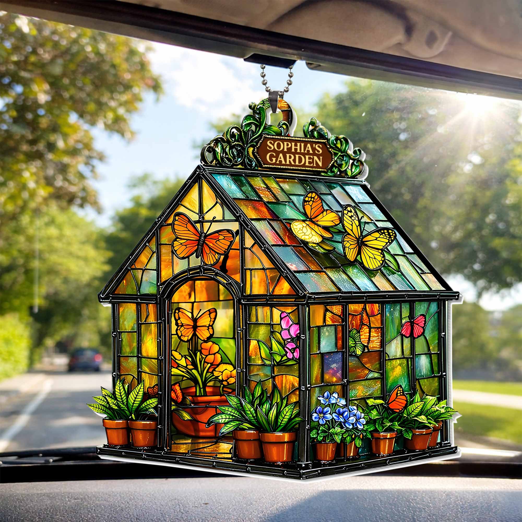 Custom Garden Greenhouse Stained Glass With Butterflies And Flowers - Personalized Custom Acrylic Ornament, Car Hanging Ornament - GAR028_ACA - Image 3