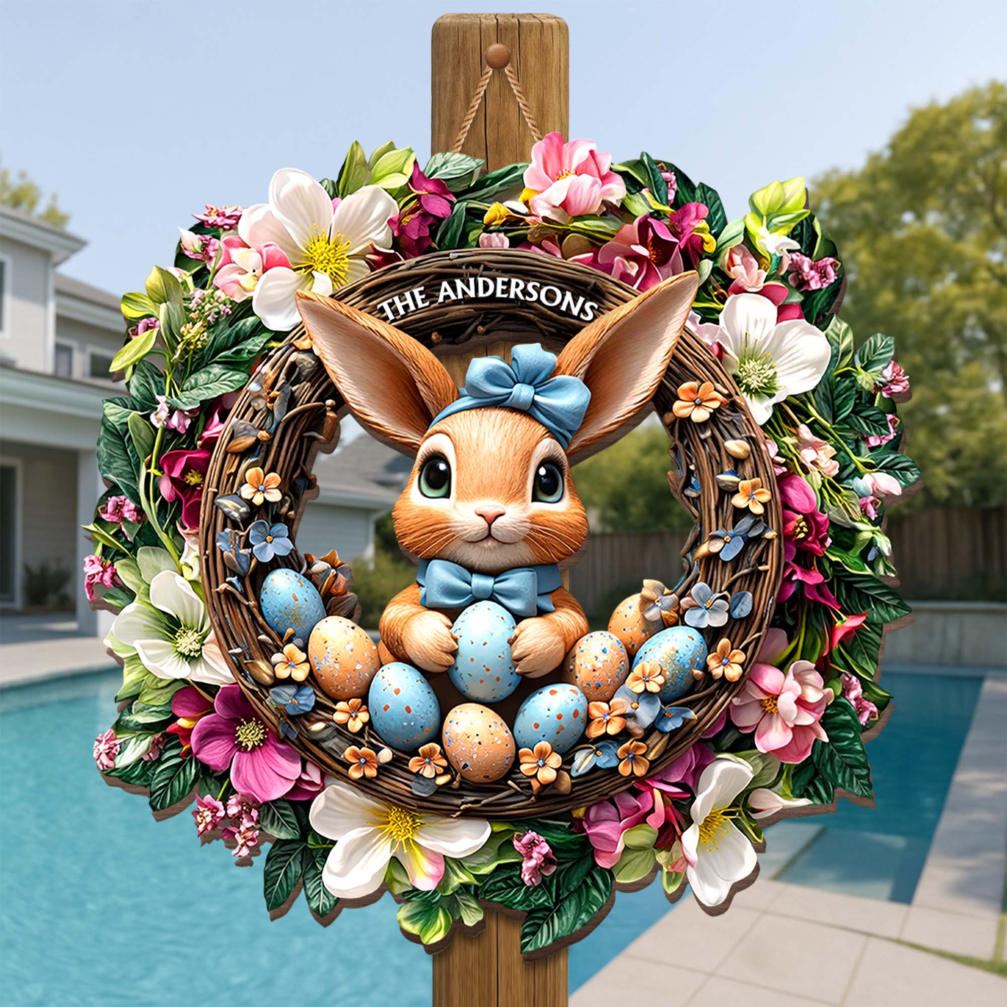 Cute Bunny Celebrating Easter Among Spring Flowers And Colorful Eggs Wreath - Personalized Custom Shaped Wood Sign - FAM816_WSIGN - Image 2