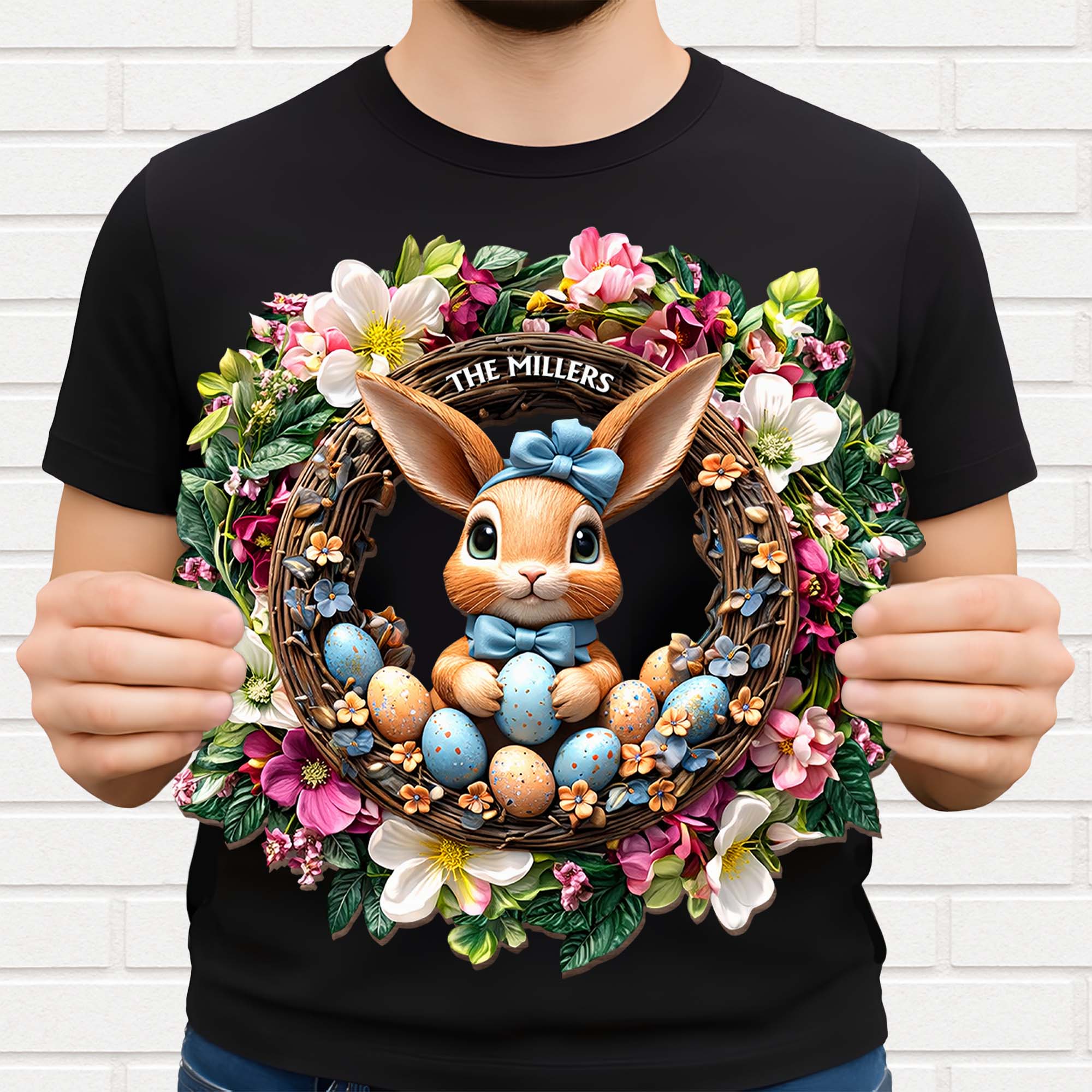Cute Bunny Celebrating Easter Among Spring Flowers And Colorful Eggs Wreath - Personalized Custom Shaped Wood Sign - FAM816_WSIGN - Image 3