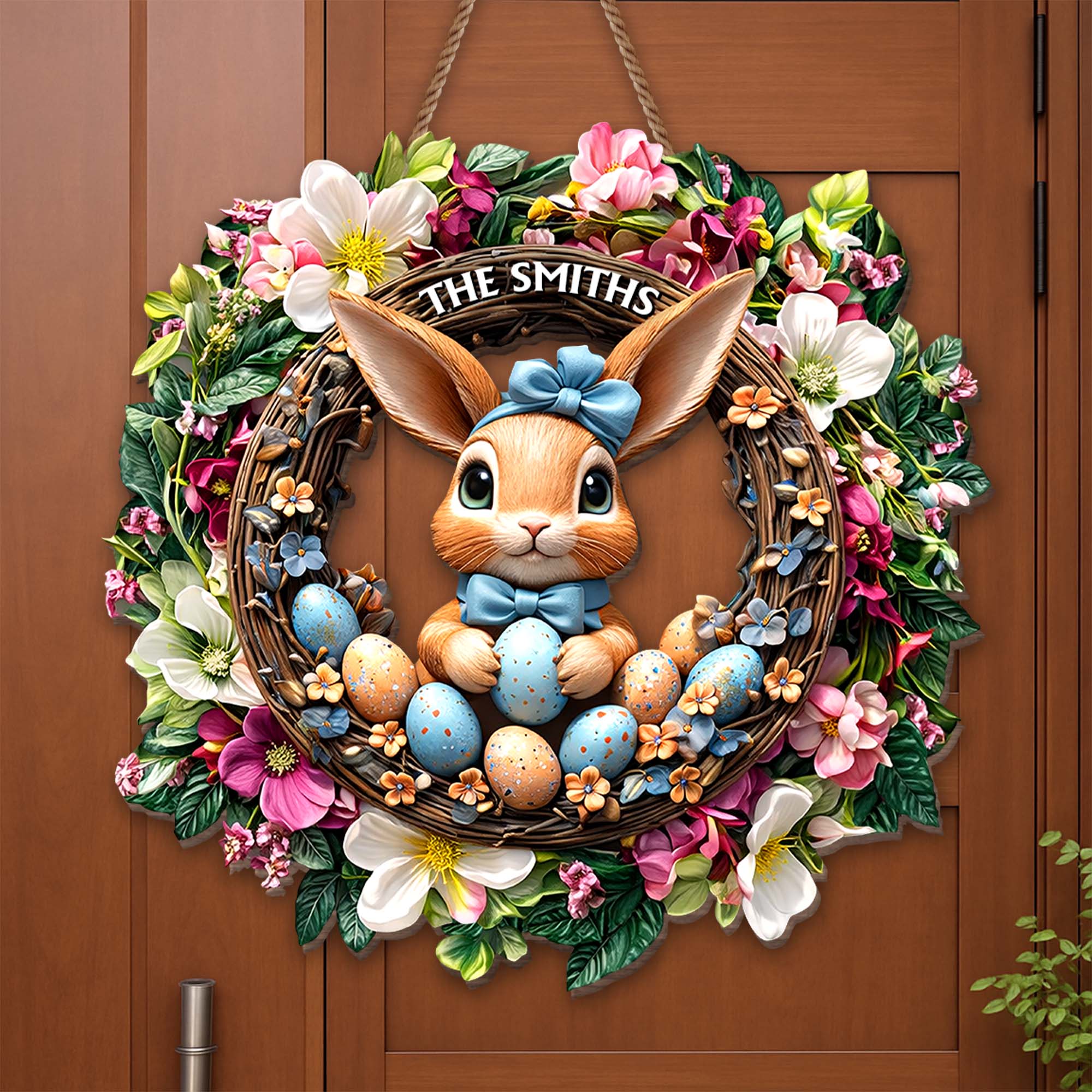 Cute Bunny Celebrating Easter Among Spring Flowers And Colorful Eggs Wreath - Personalized Custom Shaped Wood Sign - FAM816_WSIGN - Image 4