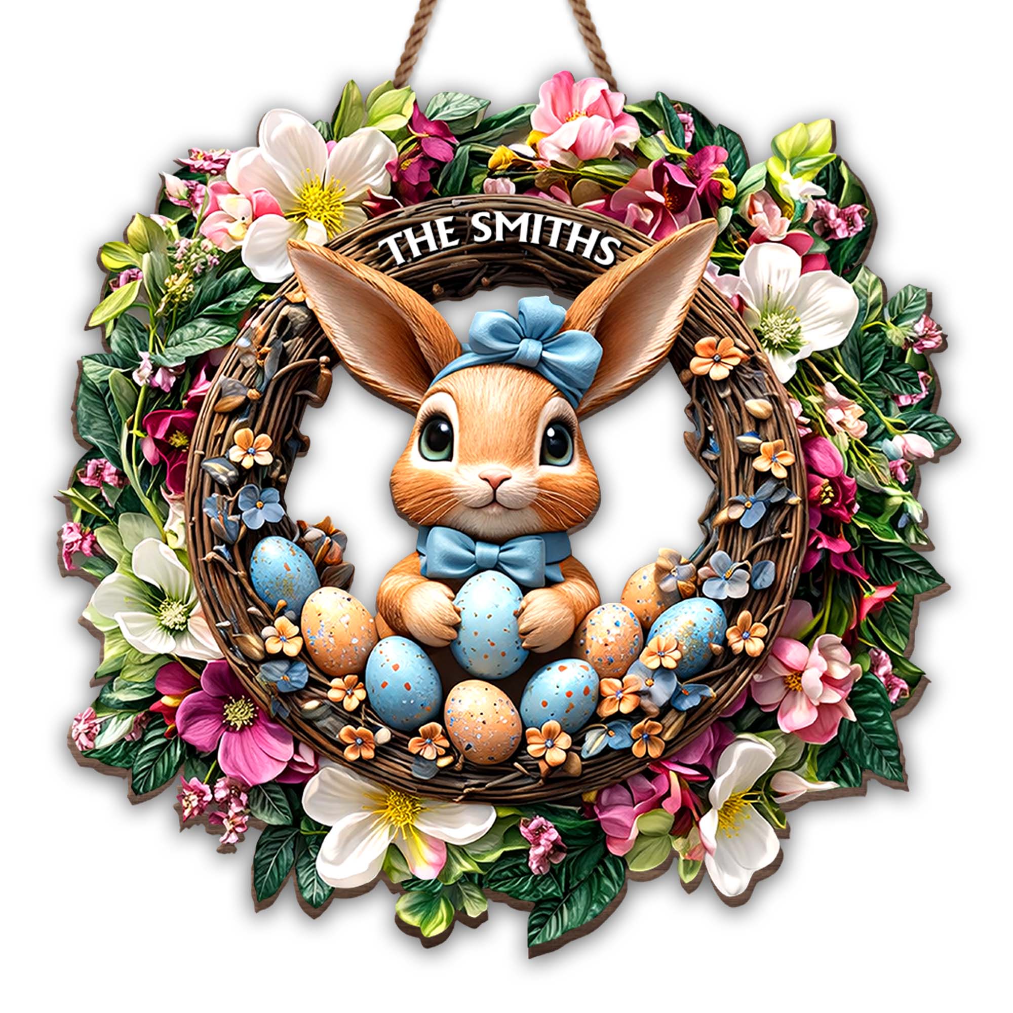 Cute Bunny Celebrating Easter Among Spring Flowers And Colorful Eggs Wreath - Personalized Custom Shaped Wood Sign - FAM816_WSIGN - Image 7