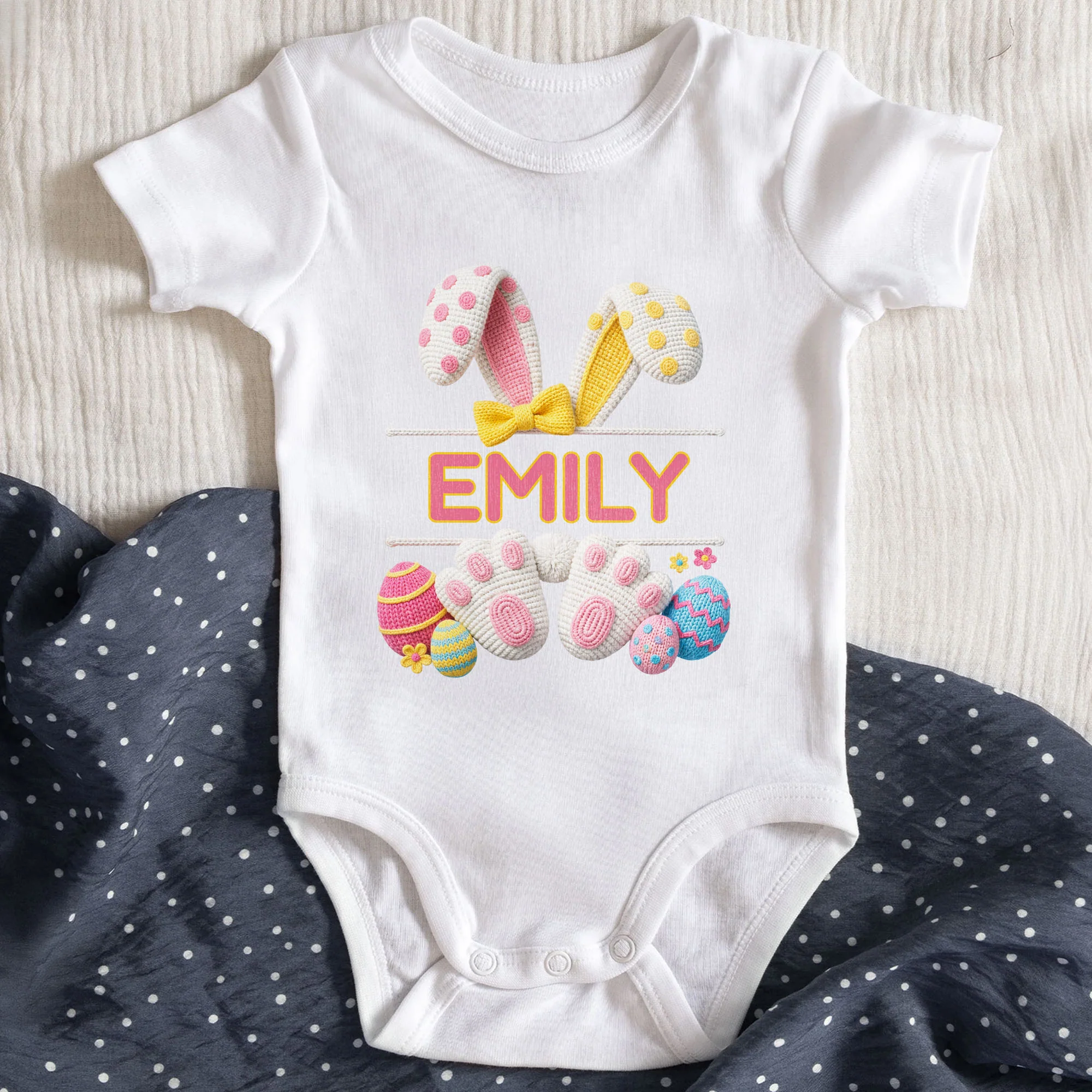 Cute Easter Bunny Ears And Paws With Colorful Eggs Design - Personalized Custom Baby Onesie - GRK120_ONES - Image 3