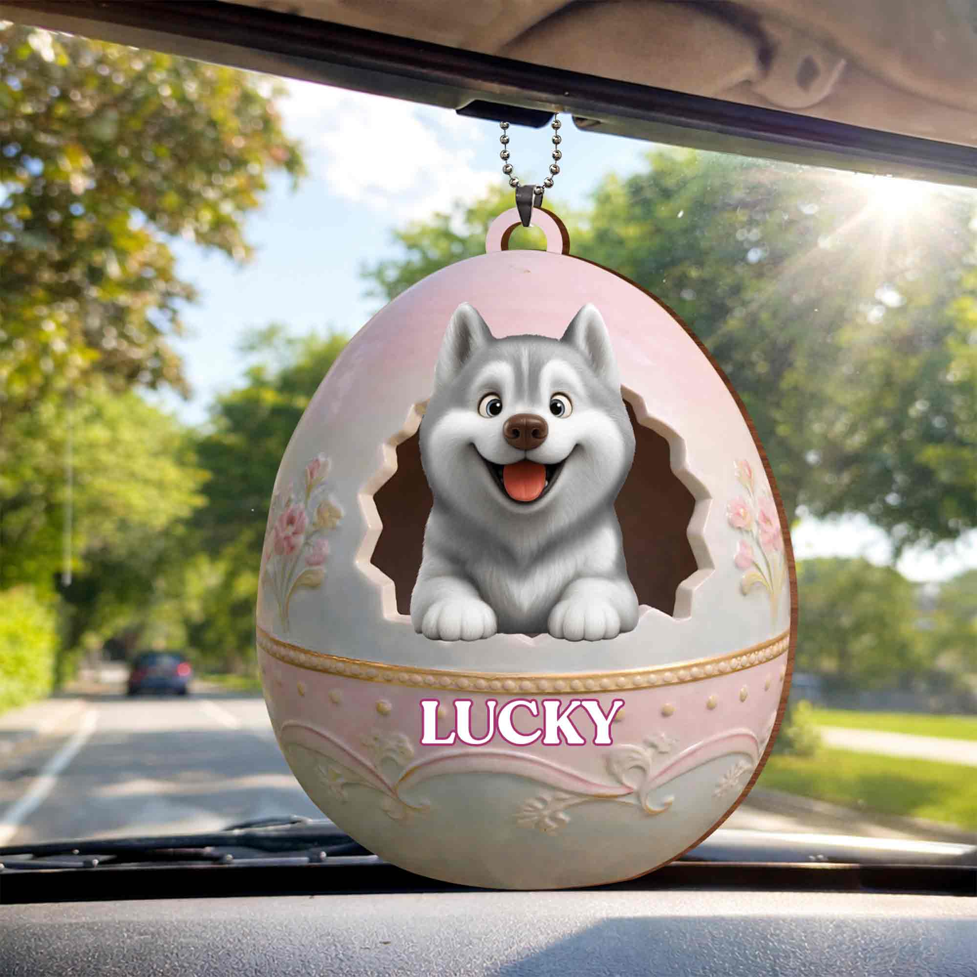 Cute Husky Puppy Peeking From Floral Easter Egg With Custom Name - Personalized Custom Wood Ornament, Car Hanging Ornament - DOG138_WCA