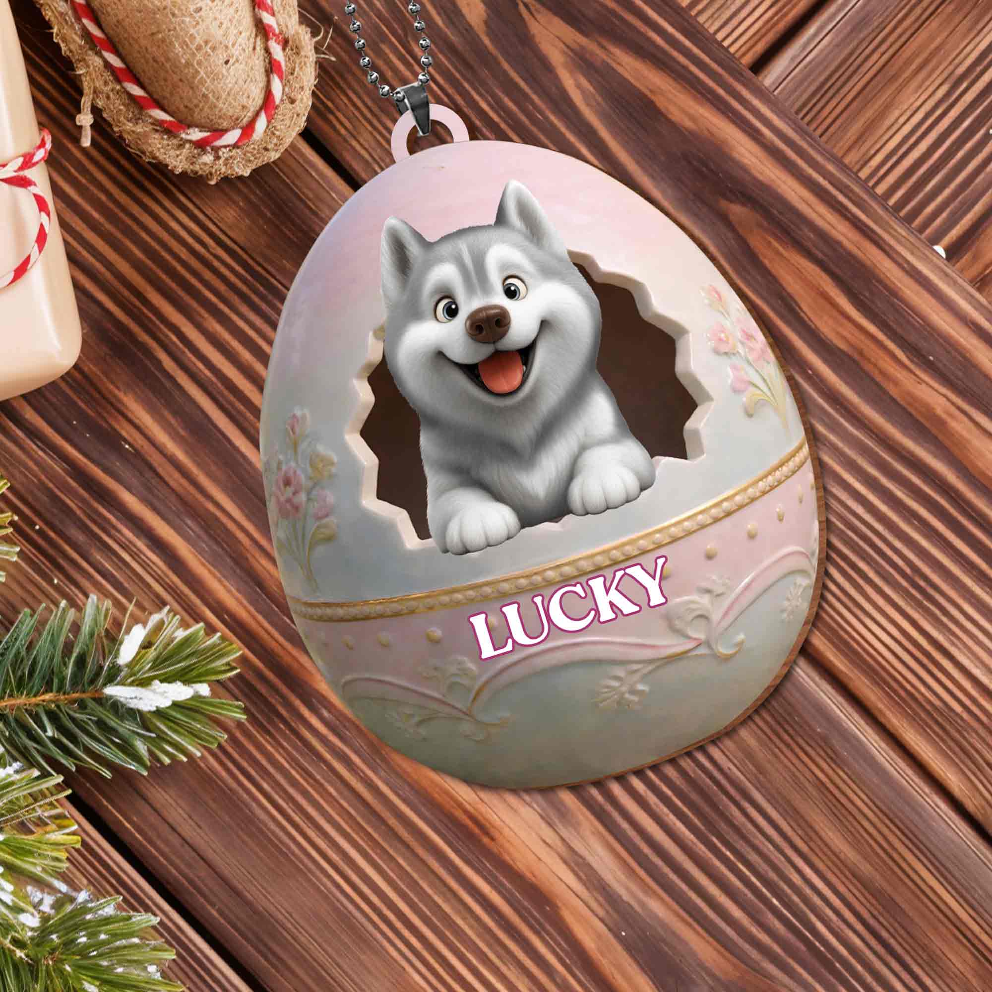 Cute Husky Puppy Peeking From Floral Easter Egg With Custom Name - Personalized Custom Wood Ornament, Car Hanging Ornament - DOG138_WCA - Image 10