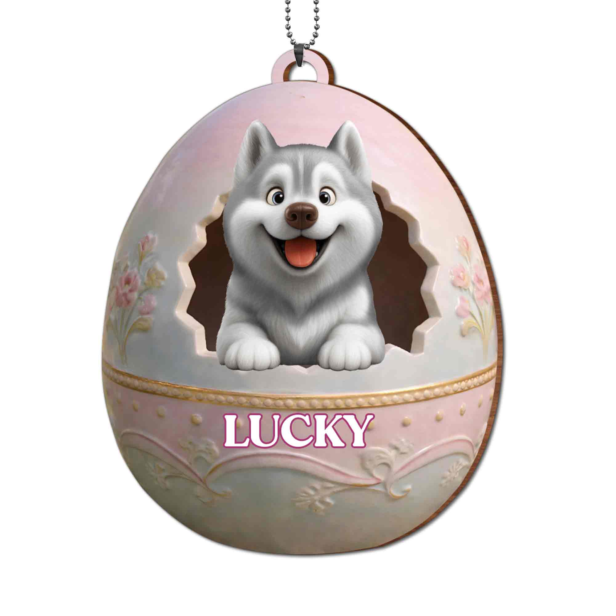 Cute Husky Puppy Peeking From Floral Easter Egg With Custom Name - Personalized Custom Wood Ornament, Car Hanging Ornament - DOG138_WCA - Image 11