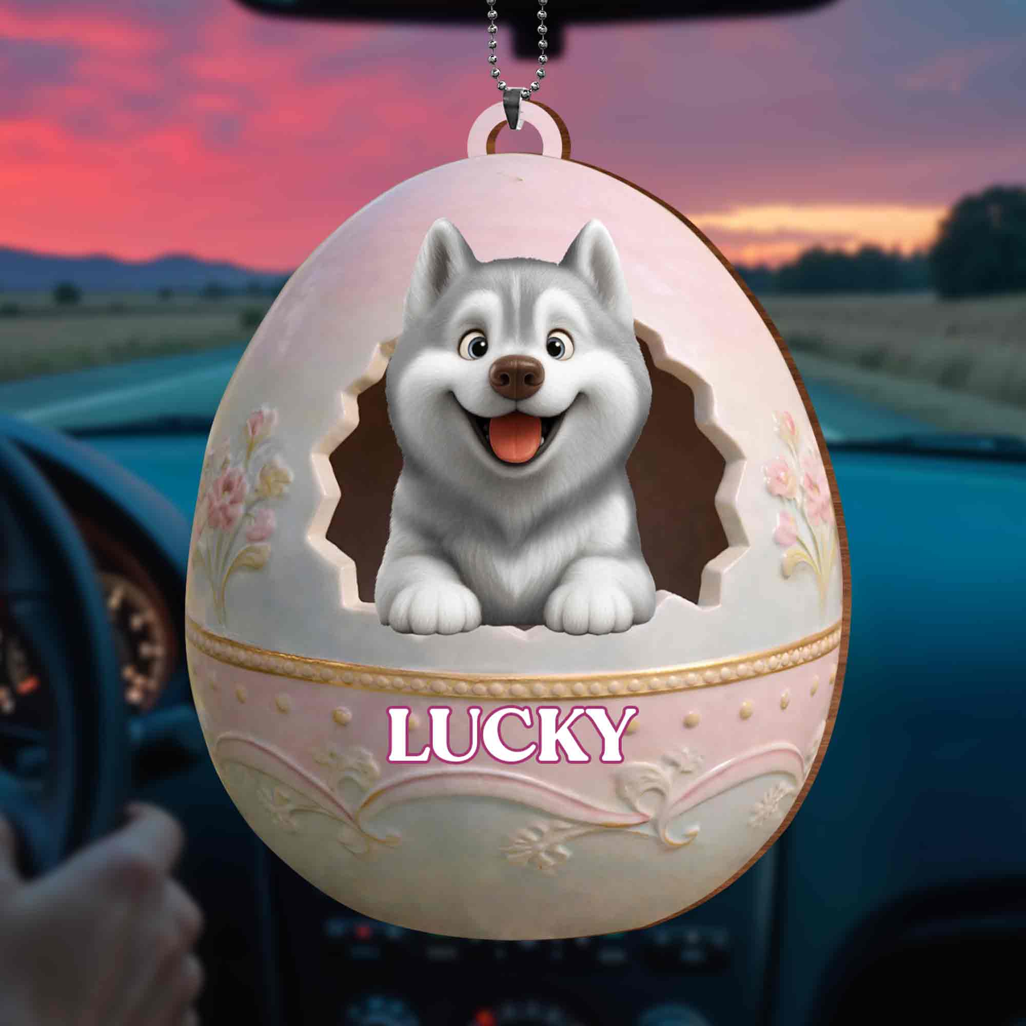 Cute Husky Puppy Peeking From Floral Easter Egg With Custom Name - Personalized Custom Wood Ornament, Car Hanging Ornament - DOG138_WCA - Image 2