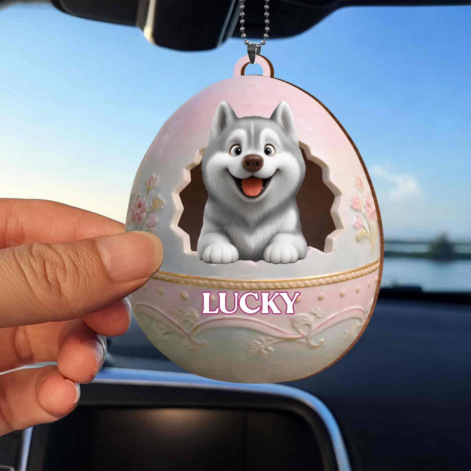 Cute Husky Puppy Peeking From Floral Easter Egg With Custom Name - Personalized Custom Wood Ornament, Car Hanging Ornament - DOG138_WCA - Image 3