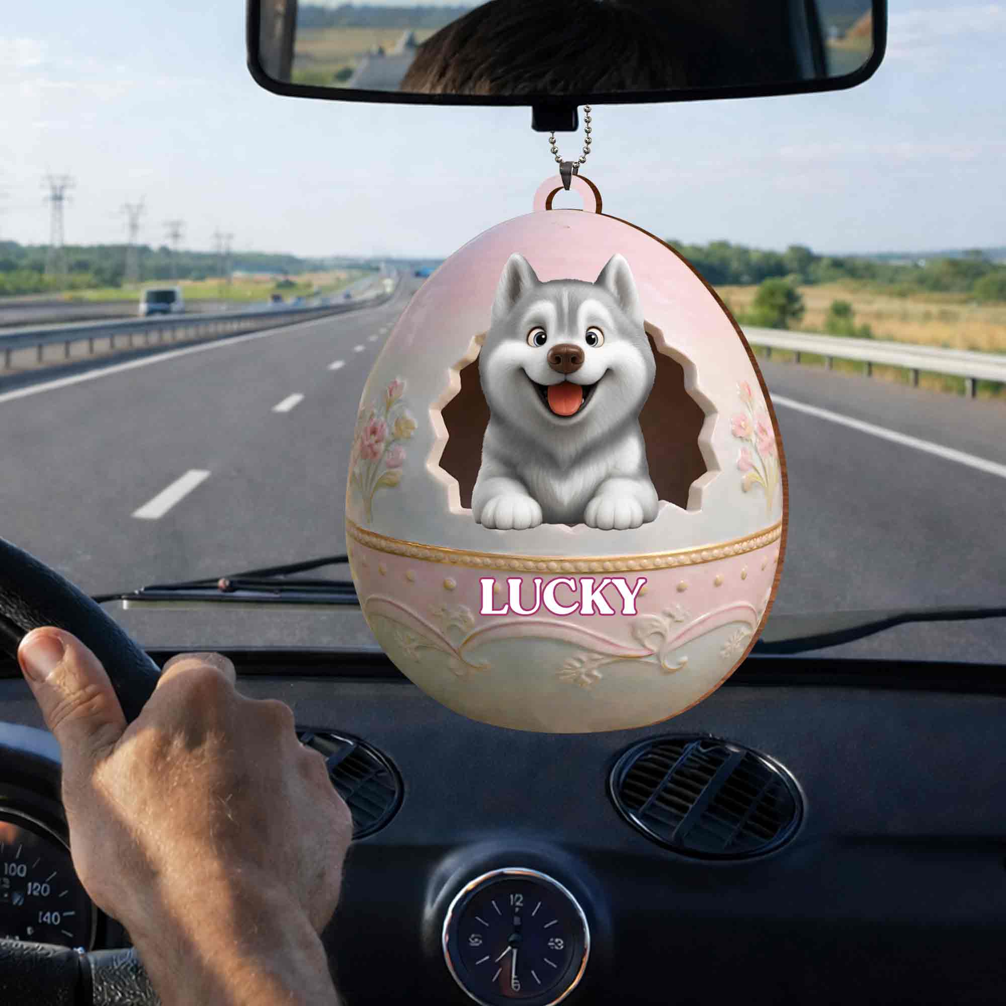 Cute Husky Puppy Peeking From Floral Easter Egg With Custom Name - Personalized Custom Wood Ornament, Car Hanging Ornament - DOG138_WCA - Image 4