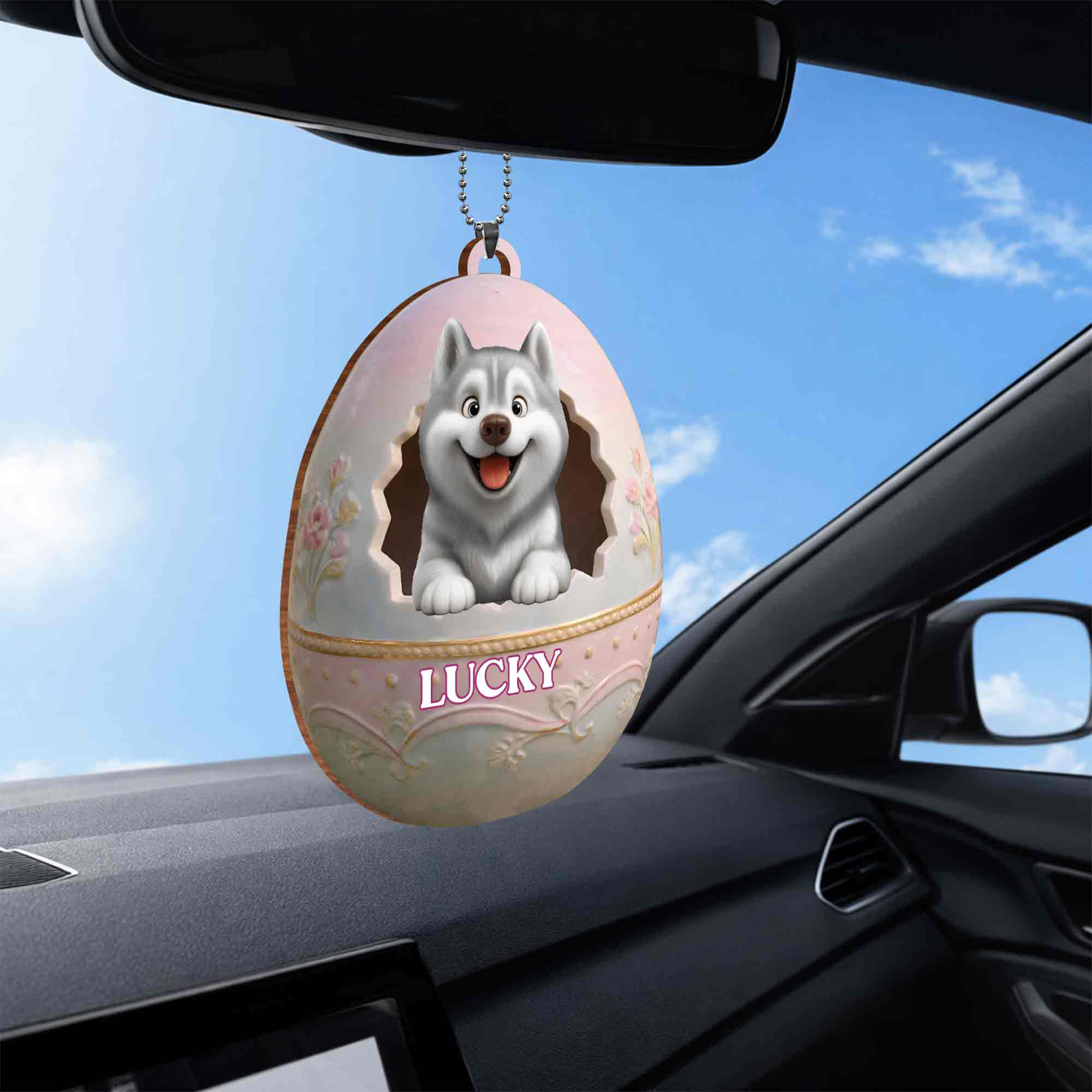 Cute Husky Puppy Peeking From Floral Easter Egg With Custom Name - Personalized Custom Wood Ornament, Car Hanging Ornament - DOG138_WCA - Image 6