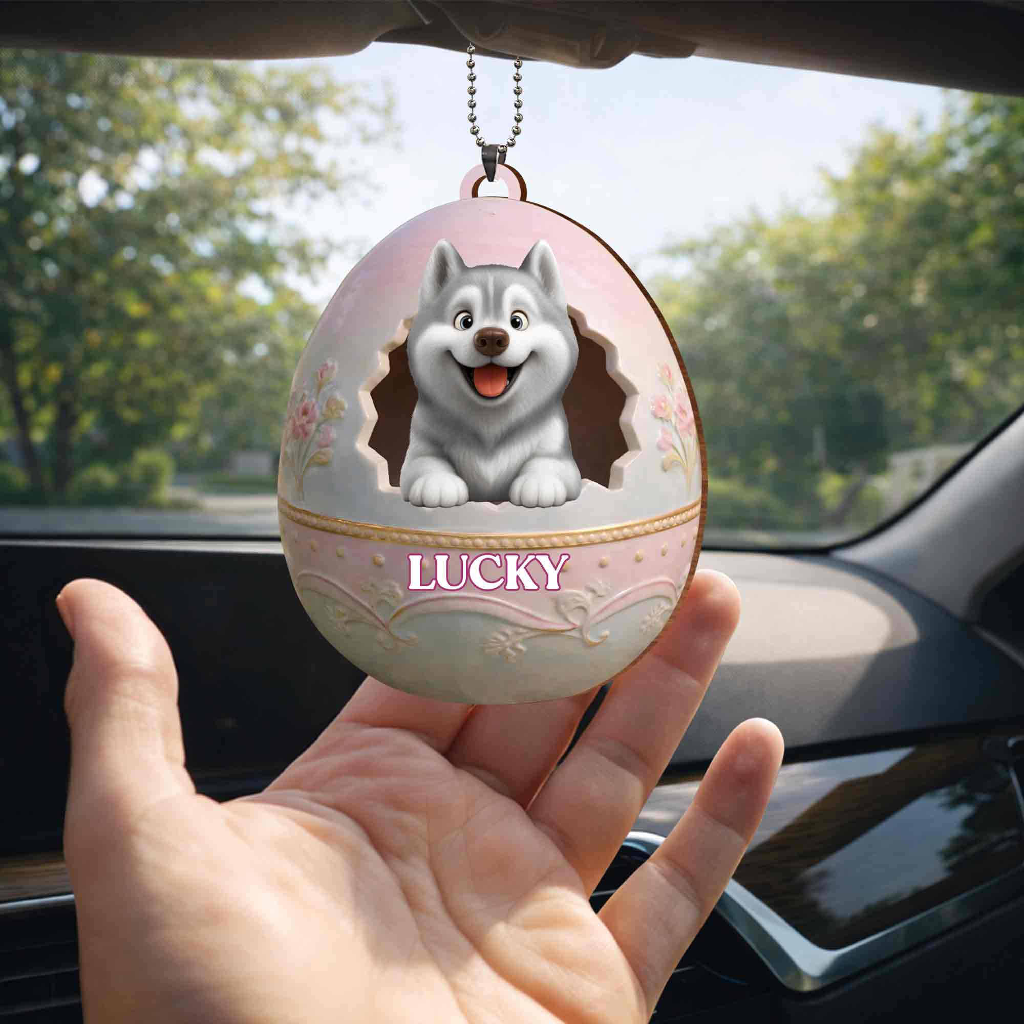 Cute Husky Puppy Peeking From Floral Easter Egg With Custom Name - Personalized Custom Wood Ornament, Car Hanging Ornament - DOG138_WCA - Image 7