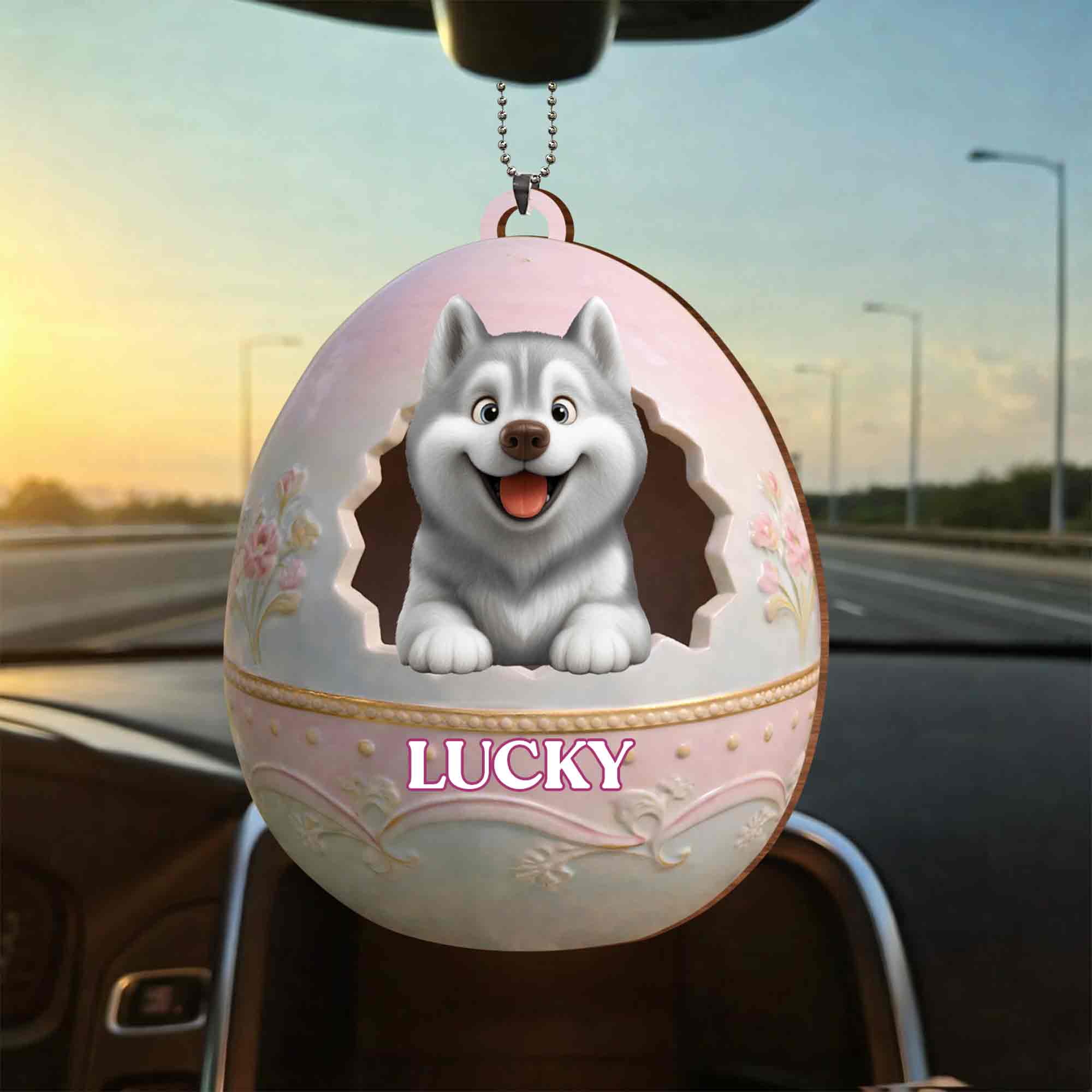 Cute Husky Puppy Peeking From Floral Easter Egg With Custom Name - Personalized Custom Wood Ornament, Car Hanging Ornament - DOG138_WCA - Image 8