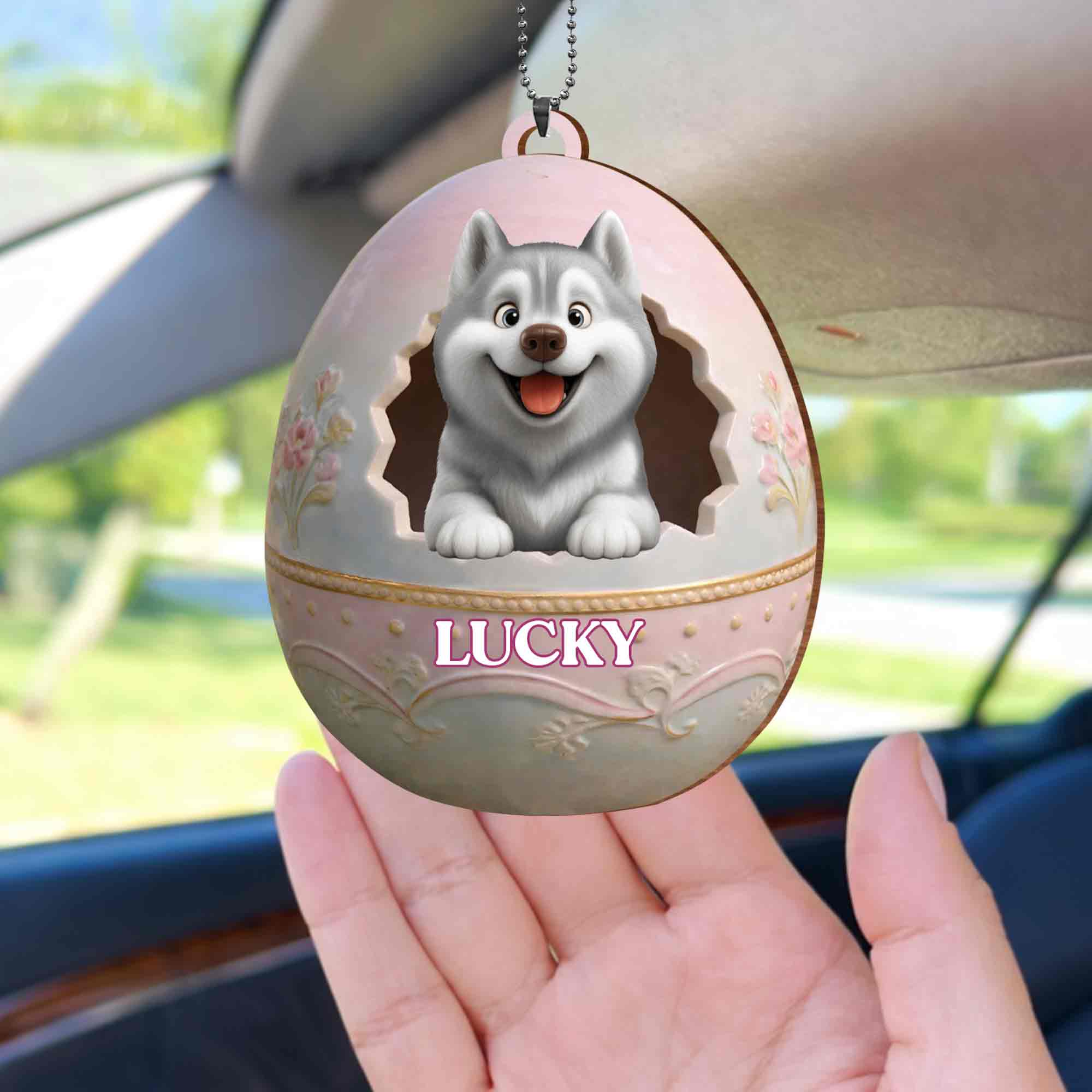 Cute Husky Puppy Peeking From Floral Easter Egg With Custom Name - Personalized Custom Wood Ornament, Car Hanging Ornament - DOG138_WCA - Image 9